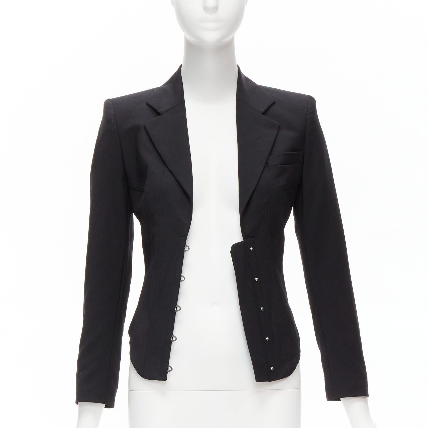 JEAN PAUL GAULTIER Vintage black wool hook eye laced corset blazer jacket IT38 X In New Condition For Sale In Hong Kong, NT