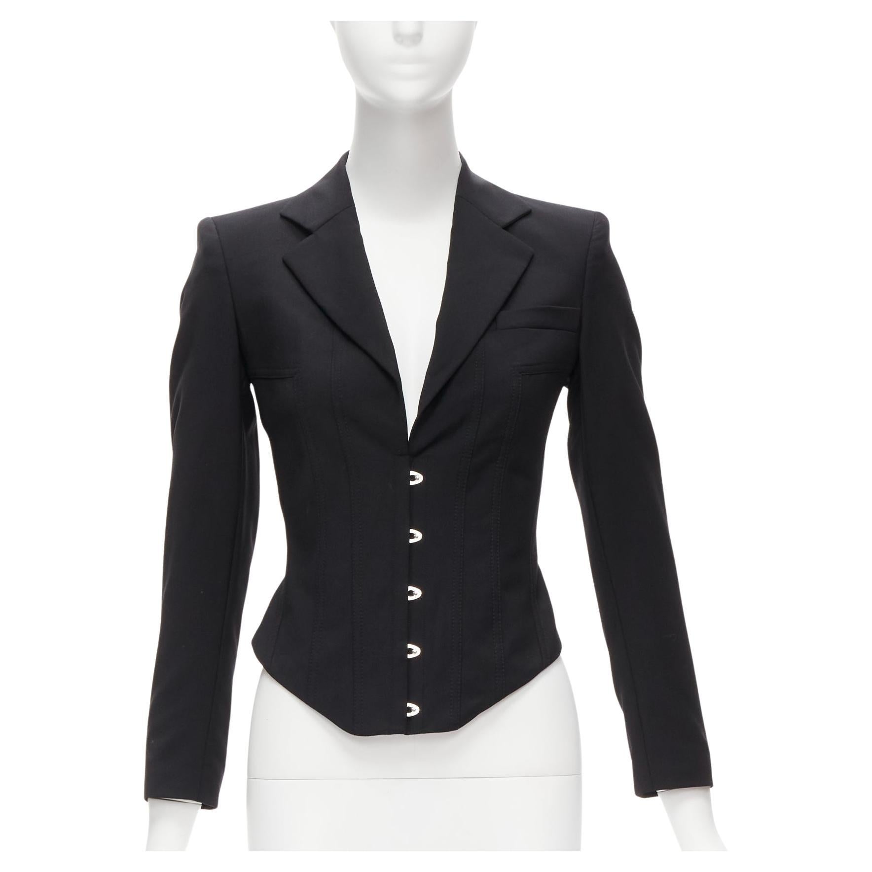 JEAN PAUL GAULTIER Vintage black wool hook eye laced corset blazer jacket IT38 X For Sale