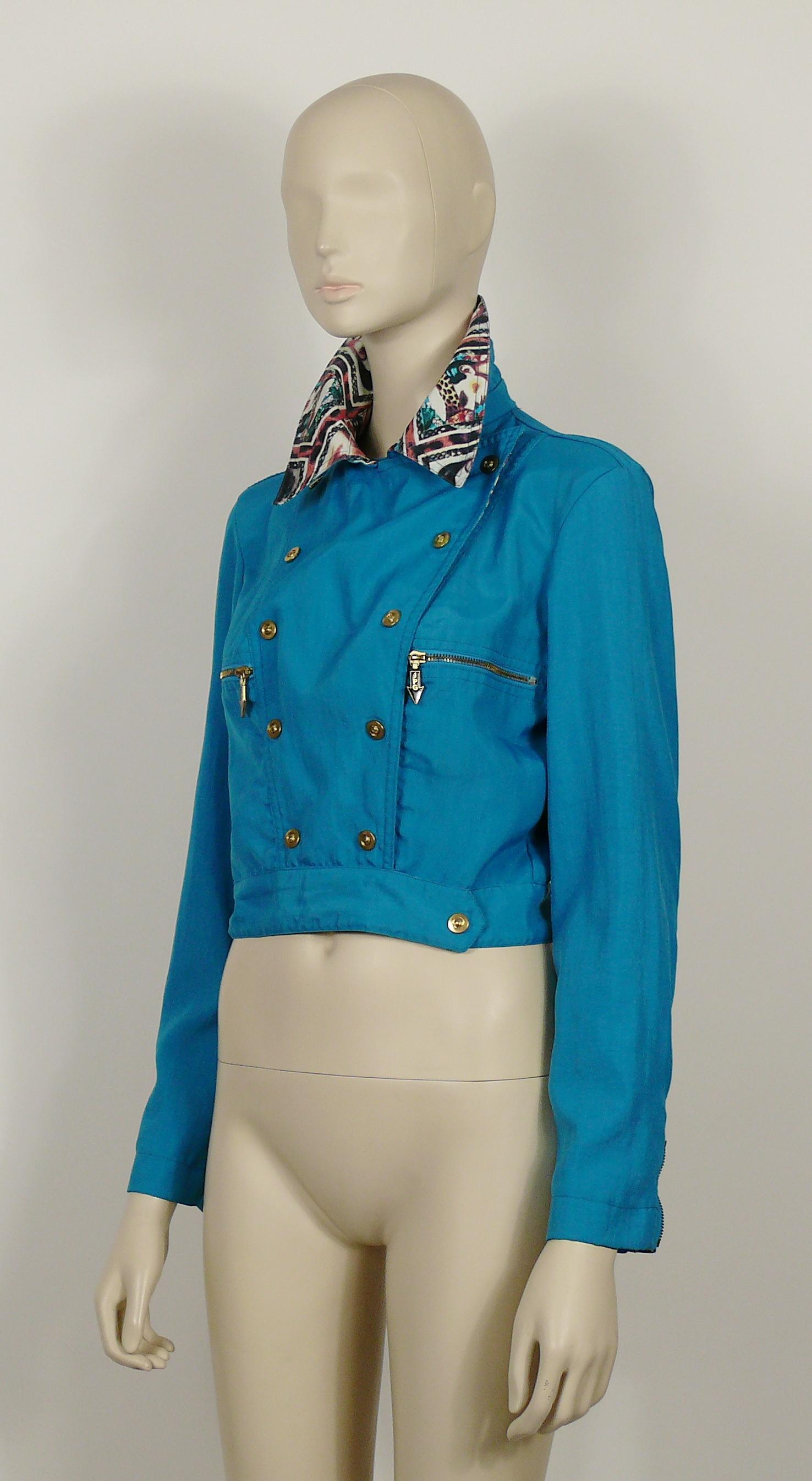 Jean Paul Gaultier Vintage Blue Cropped Biker Jacket with Portraits Details For Sale 5