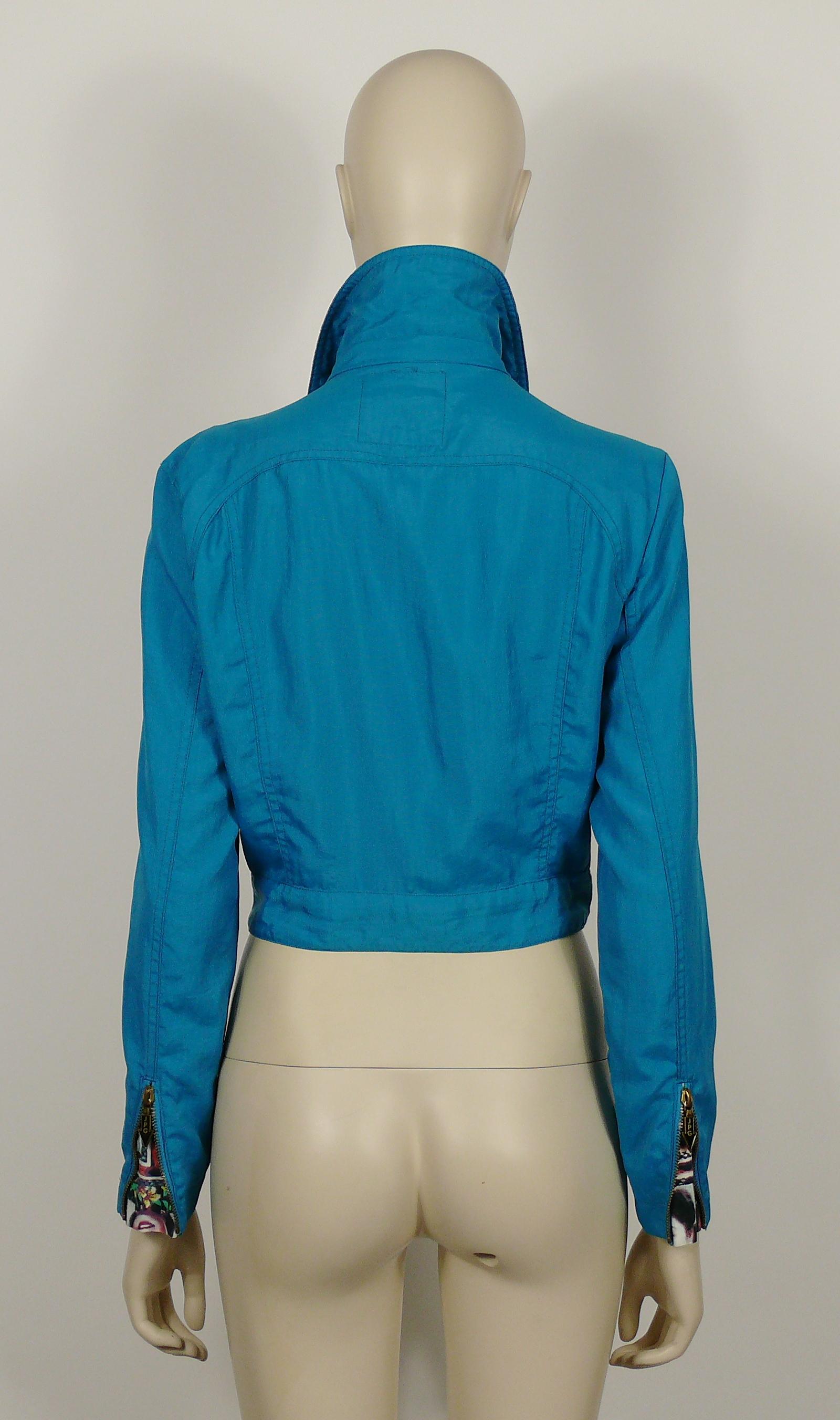 Jean Paul Gaultier Vintage Blue Cropped Biker Jacket with Portraits Details For Sale 9