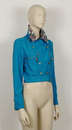 Jean Paul Gaultier Vintage Blue Cropped Biker Jacket with Portraits Details