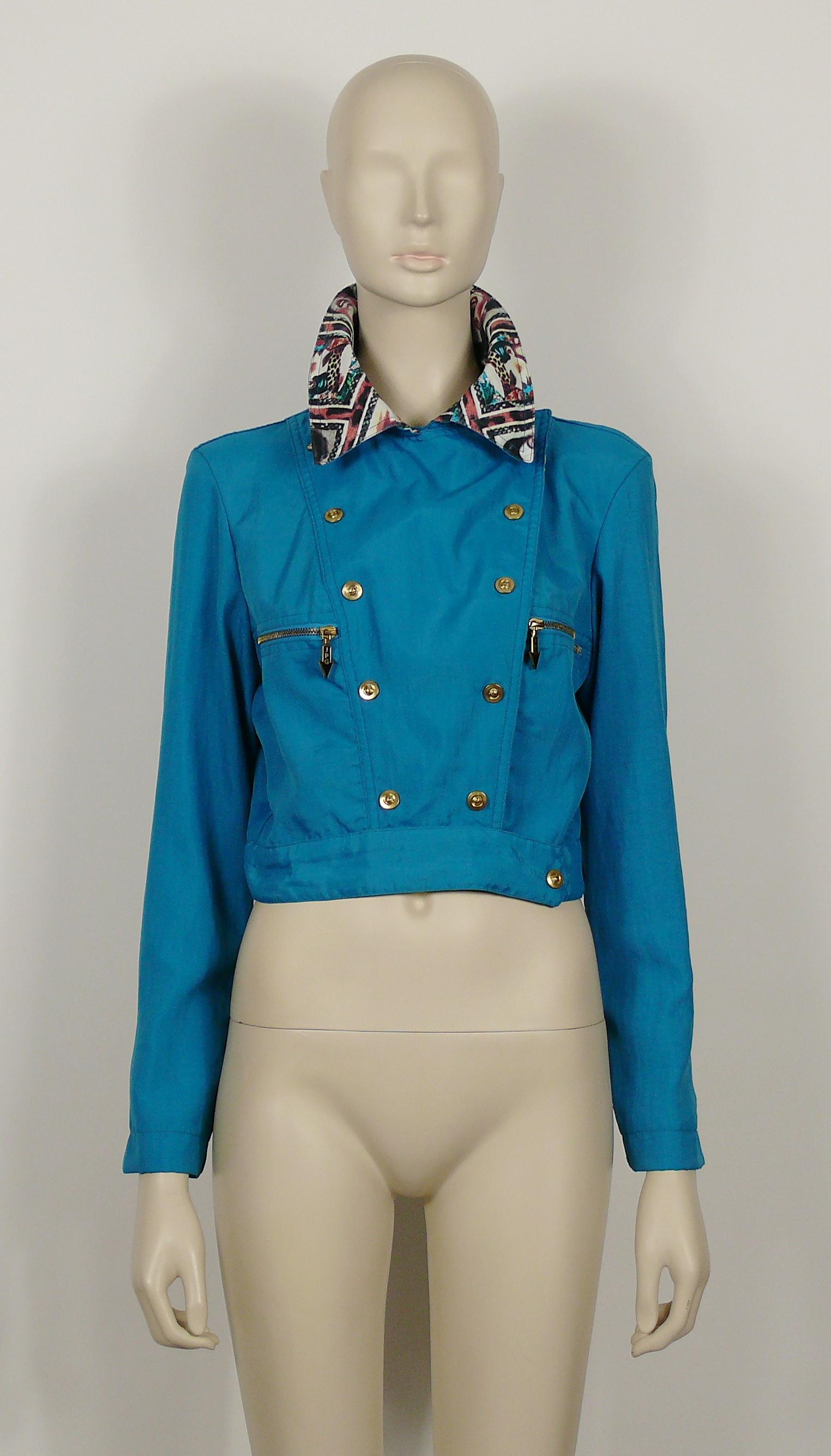 Jean Paul Gaultier Vintage Blue Cropped Biker Jacket with Portraits Details In Good Condition For Sale In Nice, FR