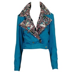 Jean Paul Gaultier Retro Blue Cropped Biker Jacket with Portraits Details