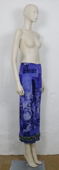 Jean Paul Gaultier Vintage Blue Oriental Print Fuzzi Mesh Maxi Skirt Size L