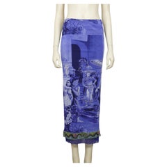 Jean Paul Gaultier Vintage Blue Oriental Print Fuzzi Mesh Maxi Skirt Size L