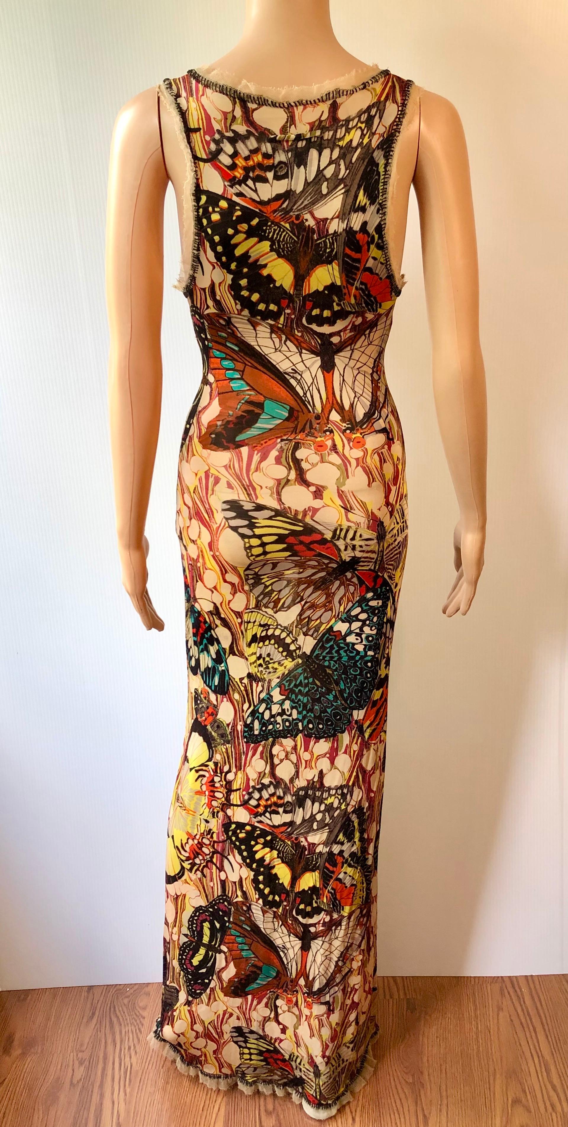 Jean Paul Gaultier Vintage Butterfly Print Lace Up Plunged Bodycon Maxi Dress Size S
