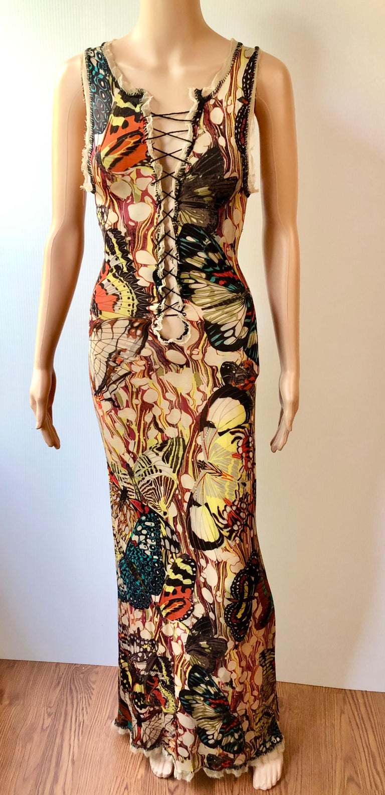Jean Paul Gaultier Vintage Butterfly Print Lace Up Plunged Bodycon Maxi ...