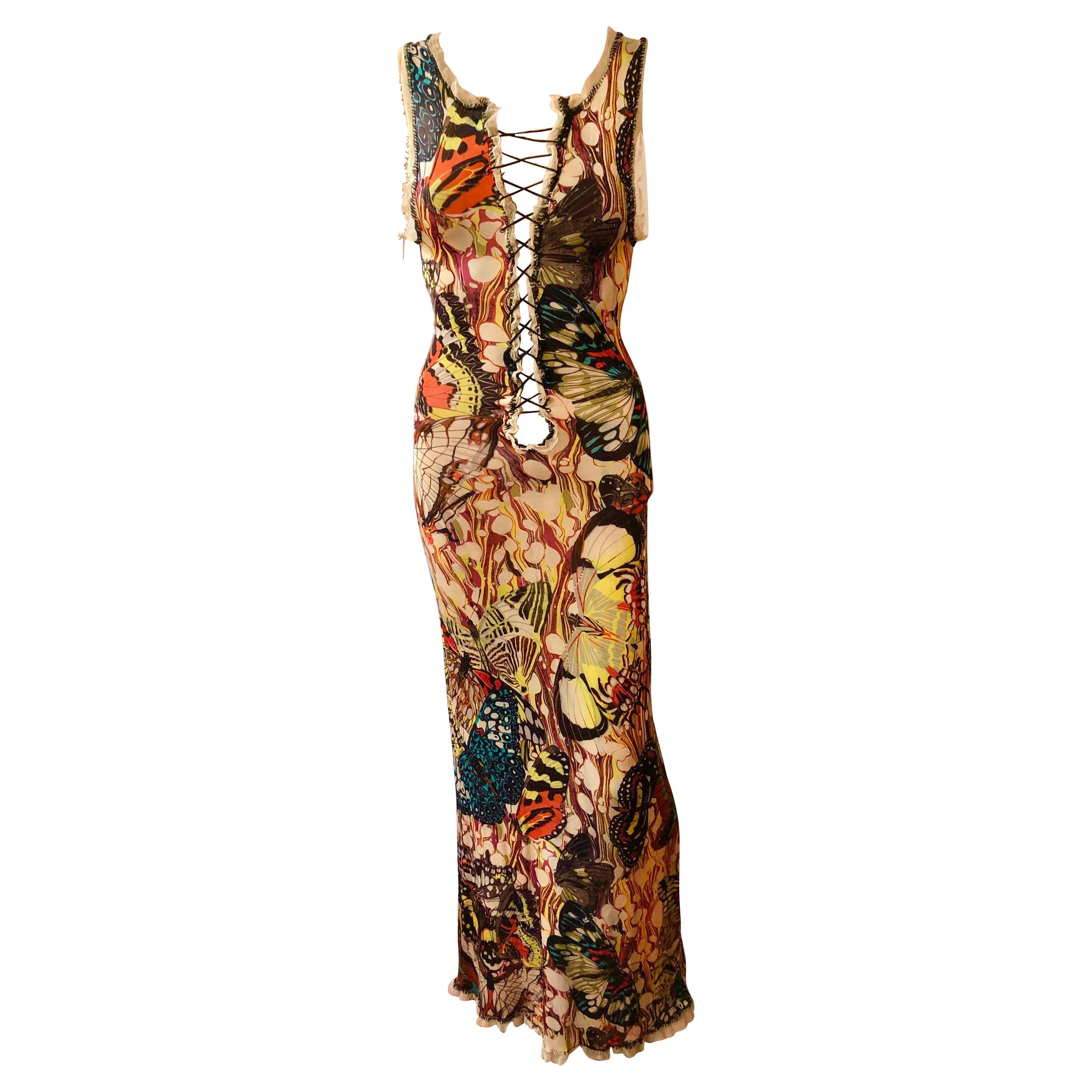 Jean Paul Gaultier Vintage Butterfly Print Lace Up Plunged Bodycon Maxi Dress