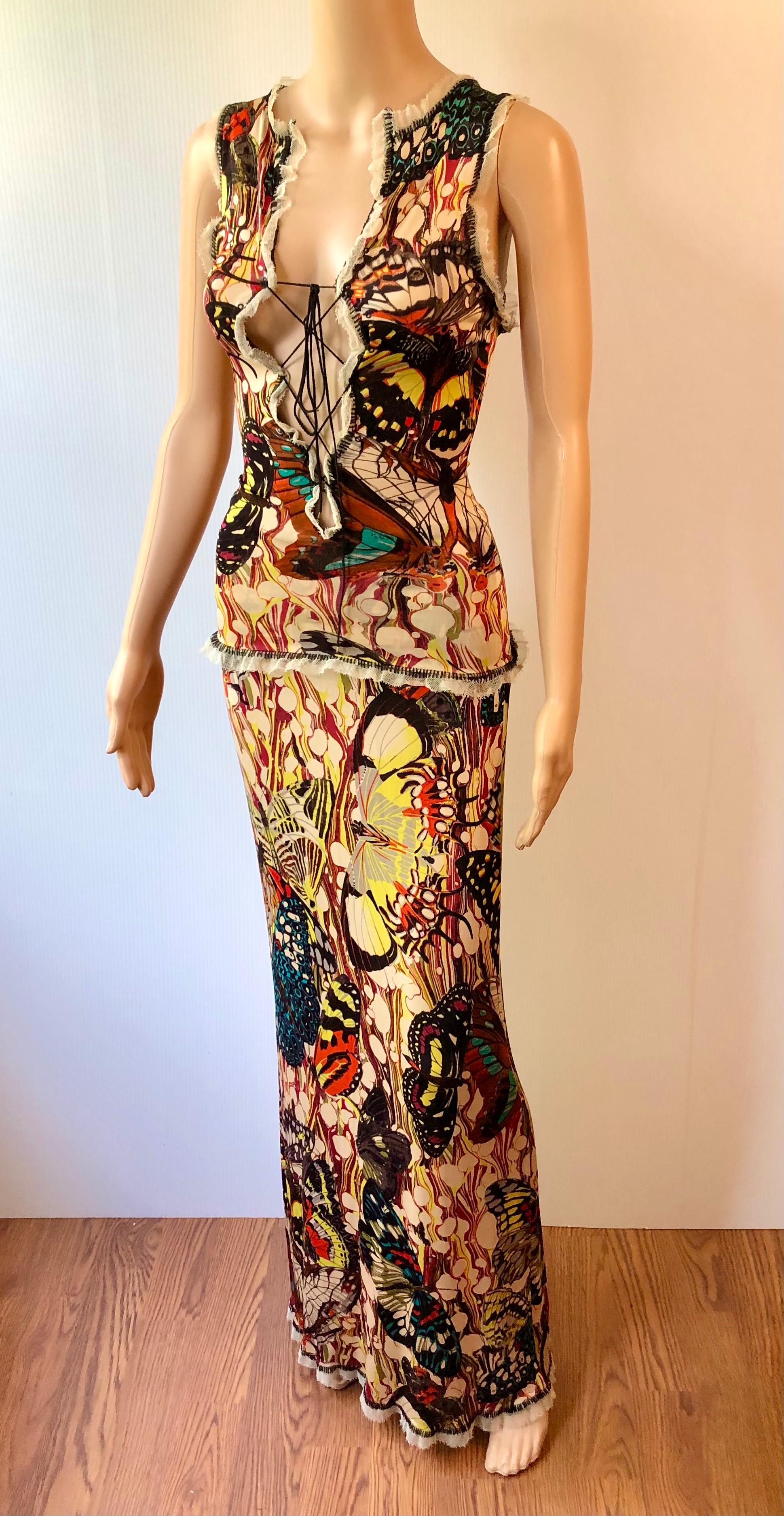 Jean Paul Gaultier S/S 2003 Vintage Butterfly Print Lace-Up Top & Maxi Skirt Ensemble 2 Piece Set Size M


