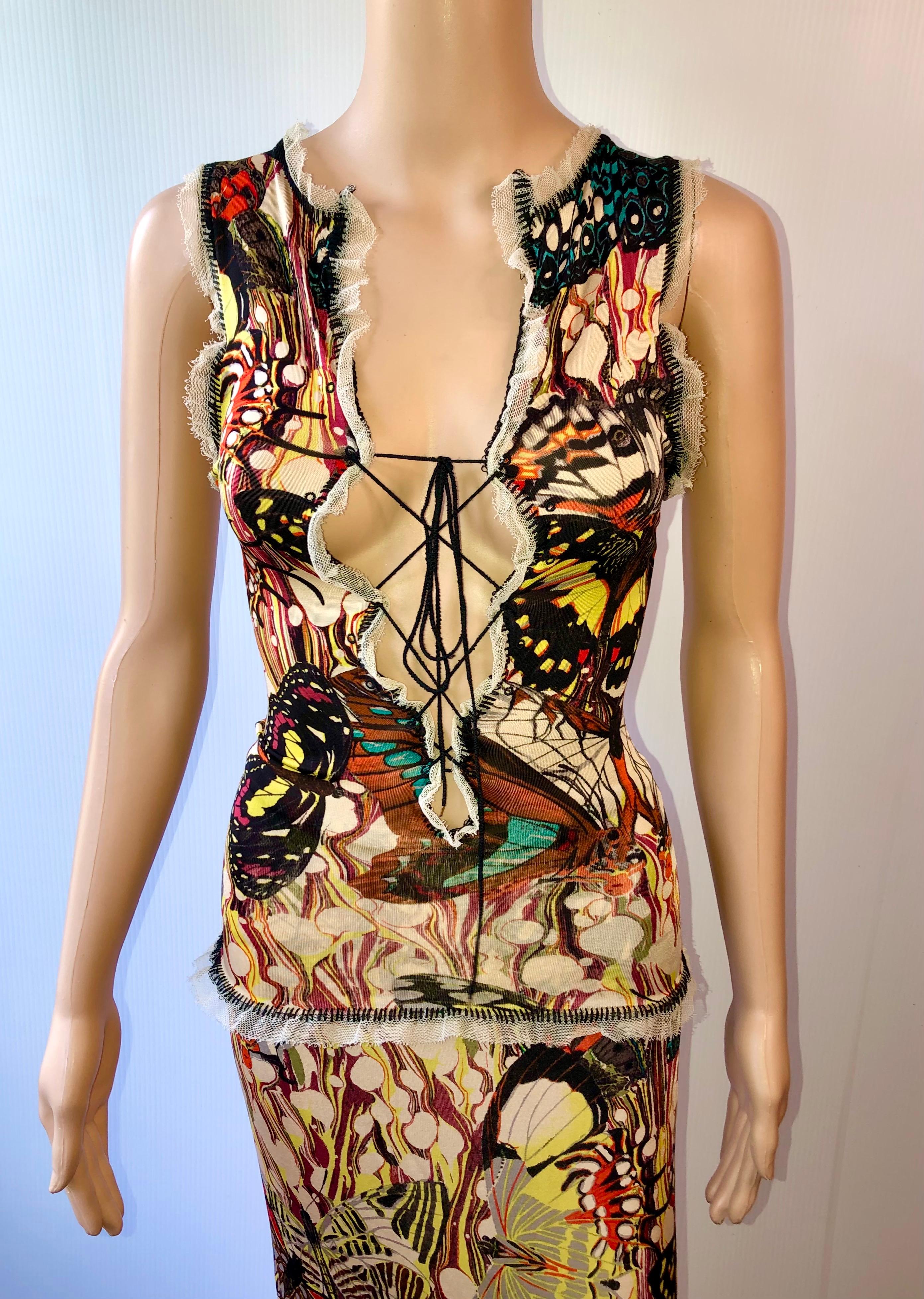 Beige Jean Paul Gaultier Jeans P/E 2003 Top e Gonna con Stampa Farfalla Set 2 Pezzi