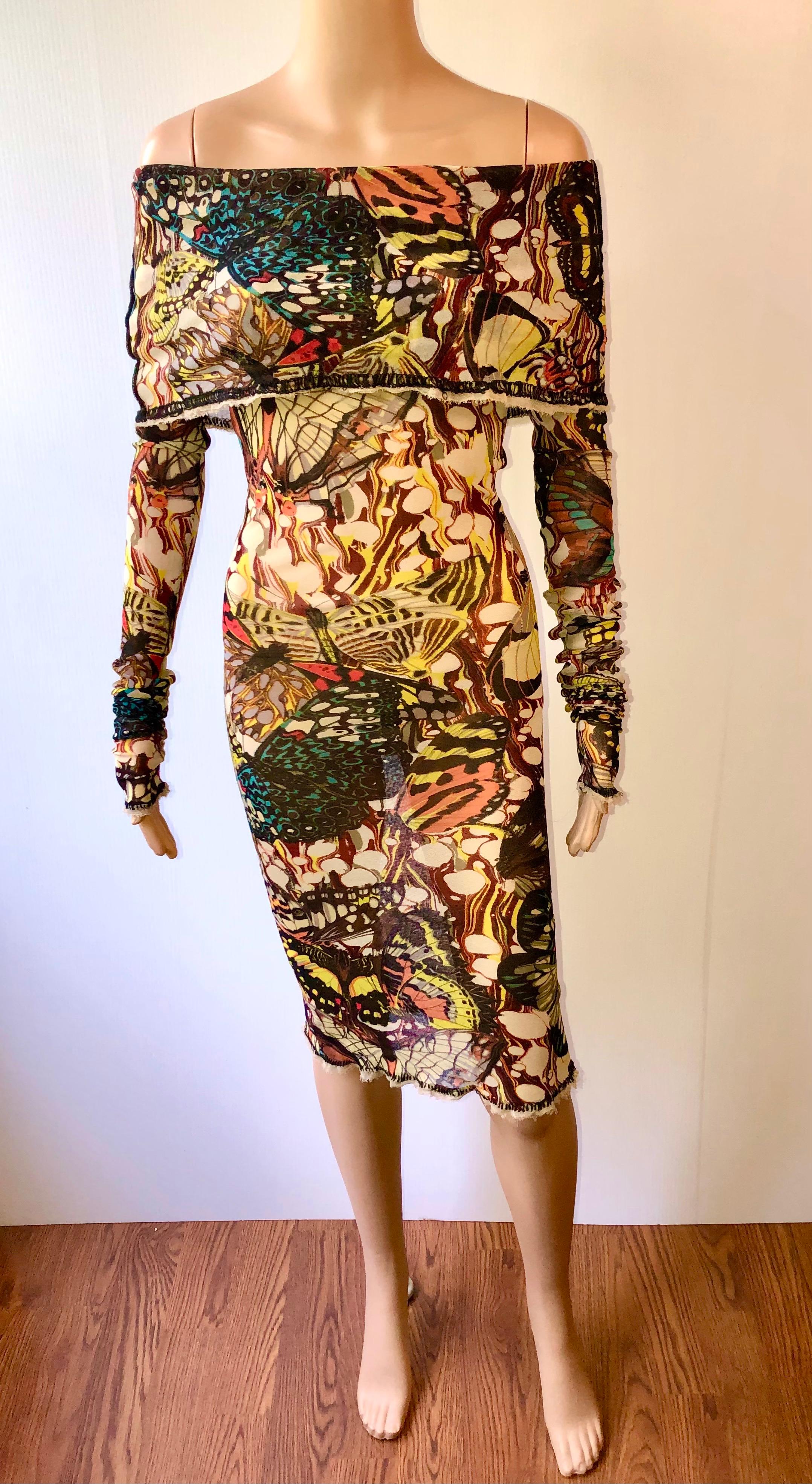 Jean Paul Gaultier S/S 2003 Vintage Butterfly Print Semi-Sheer Mesh Off Shoulder Bodycon Dress Size M

Please note this dress is very versatile and it could be styled a few different ways based on preference.  All tags removed due to sheerness.
