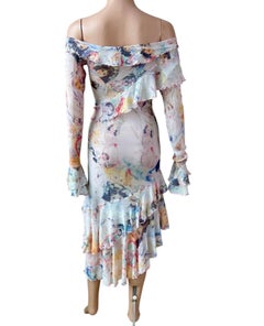 Jean Paul Gaultier Vintage-Kleid mit Cherub-Print, Rüschen, Netzstoff und asymmetrischem Schnitt