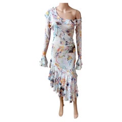 Jean Paul Gaultier Vintage-Kleid mit Cherub-Print, Rüschen, Netzstoff und asymmetrischem Schnitt