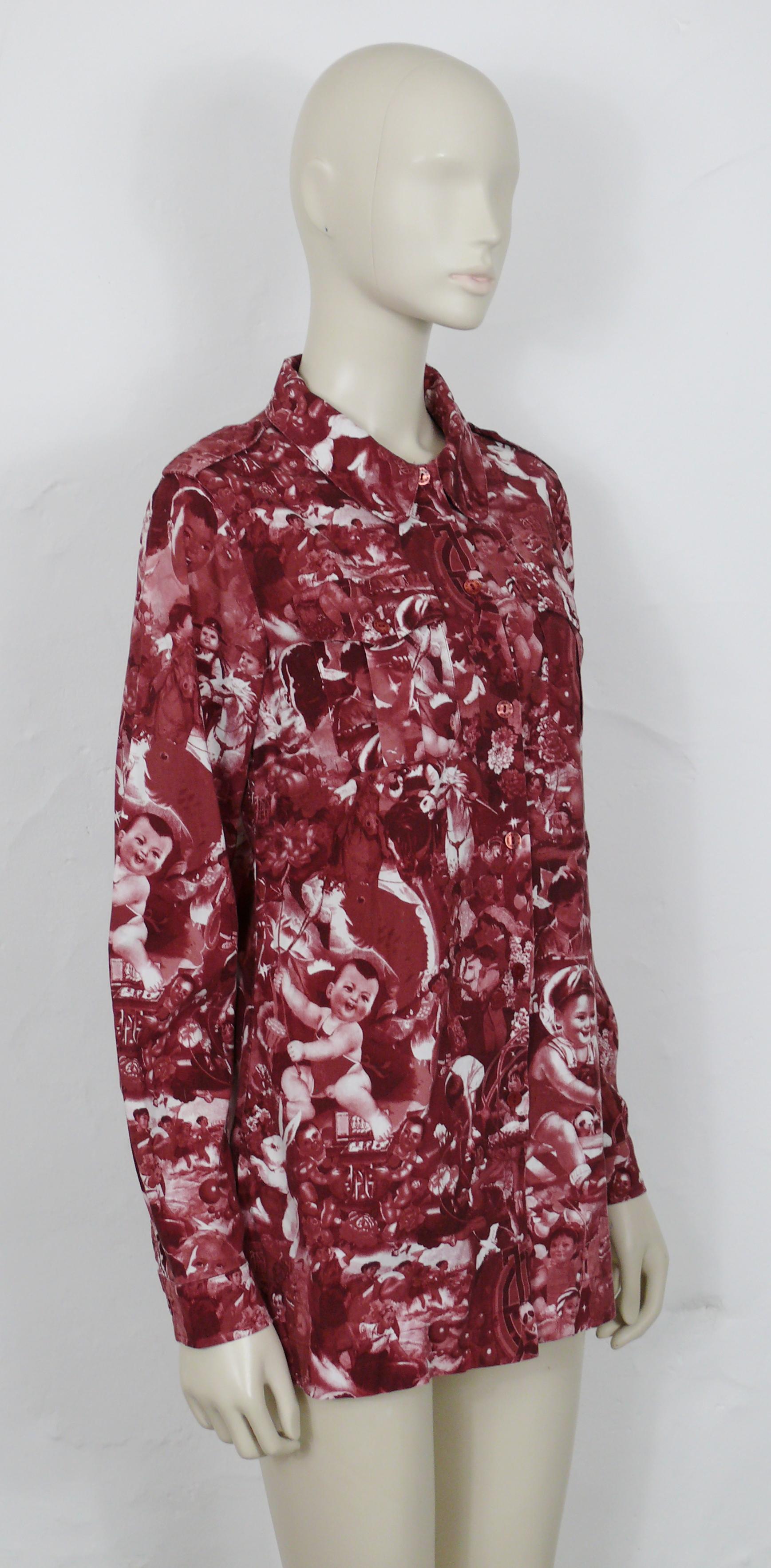 JEAN PAUL GAULTIER vintage claret red Chinese propaganda print cotton shirt featuring babies and children.

This shirt features :
- Peter pan collar.
- Long sleeves.
- Front and cuff buttoning.
- Breast pockets.
- Epaulets with velcro