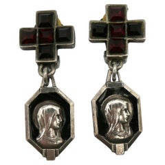 JEAN PAUL GAULTIER Vintage Cross & Virgin Mary Scapular Medal Dangling Earrings