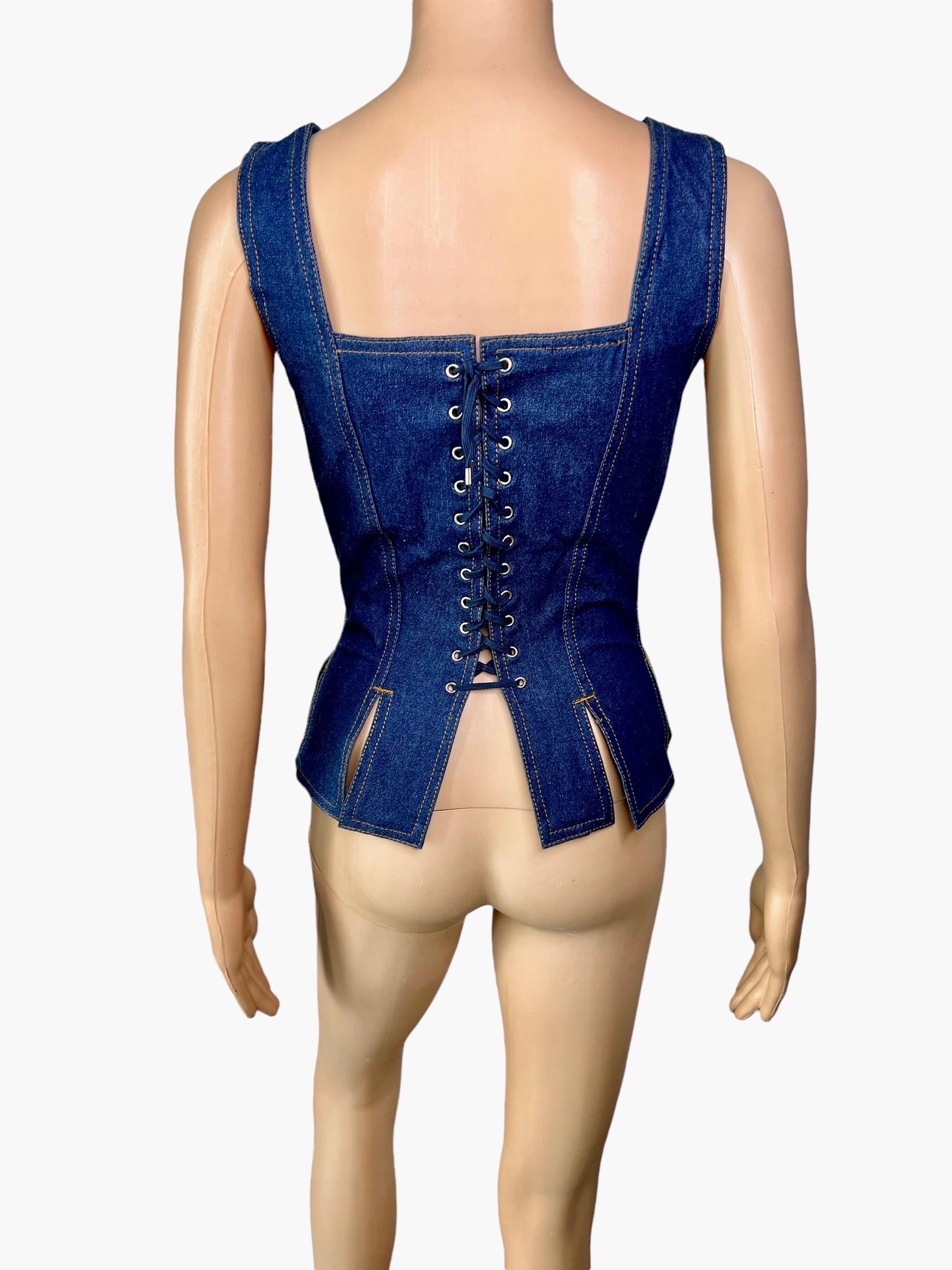 Women's or Men's Jean Paul Gaultier S/S 1993 Vintage Denim Bra Bustier Corset Lace Up Zipper Top