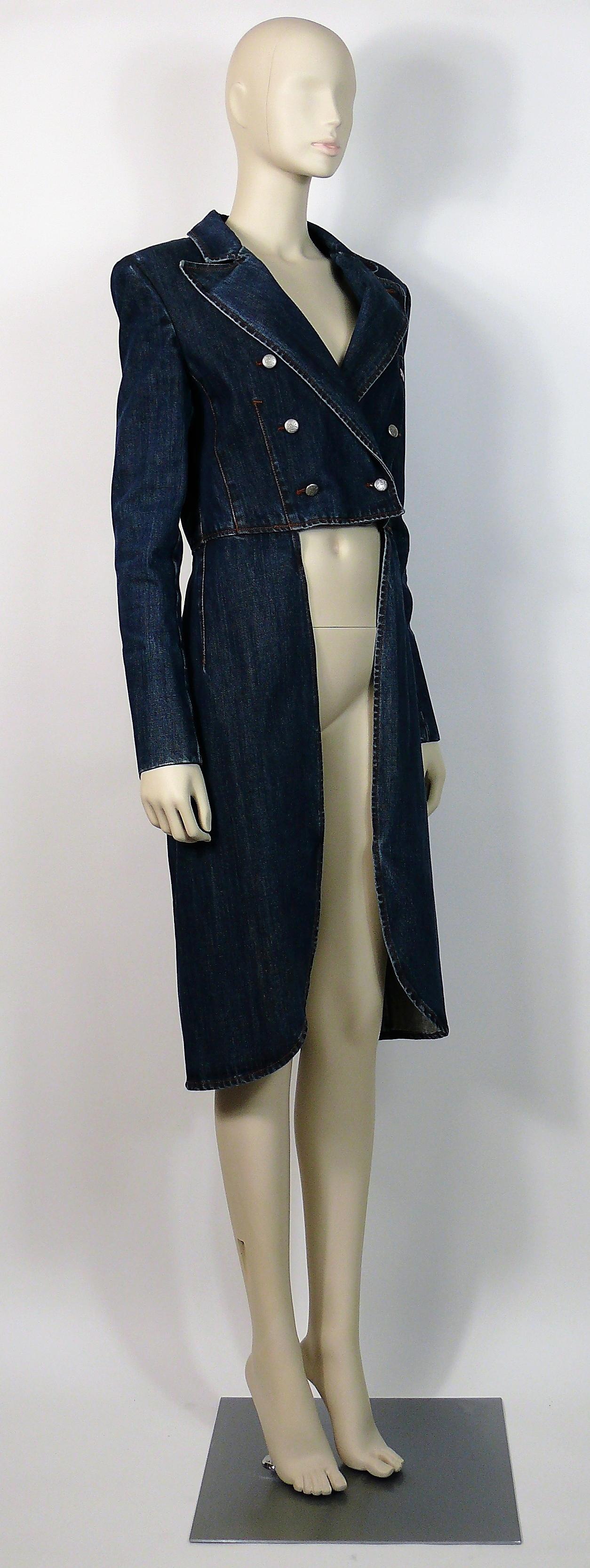 JEAN PAUL GAULTIER vintage rare denim tailcoat jacket.

This jacket features :
- Double breasted buttons at the front.
- Open front and wide collar.
- Exaggerated long tails at the back.
- Shoulder pads inside lining.

Label reads JPG JEAN'S.

Size