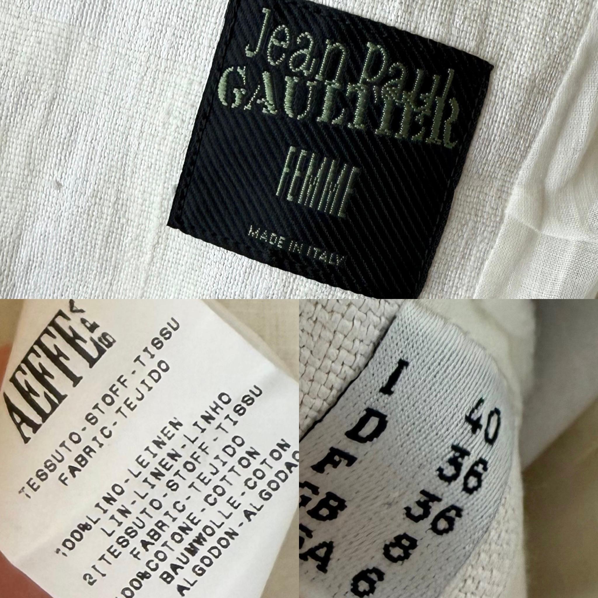 Jean Paul Gaultier Femme
Vintage
Ecrù
100% lino
Texture
Doppiopetto
Spalle robuste e imbottite
IT40
Condizioni eccellenti, nessun difetto
Misure in pollici da sdraiata: lunghezza 28, da fossa a fossa 17, girovita più piccolo 14

Vendita finale