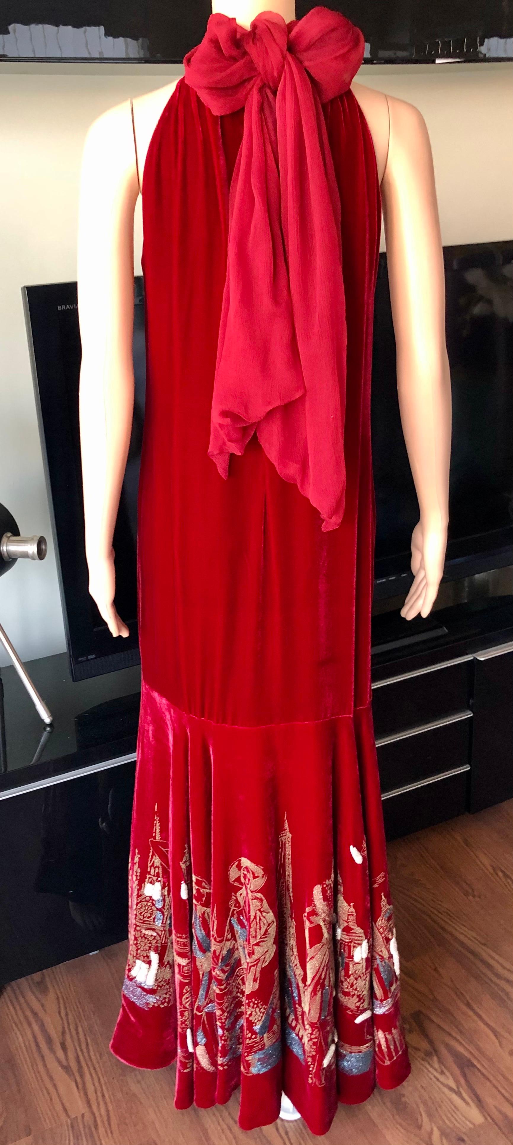 Red Jean Paul Gaultier Vintage Embellished Landmarks Velvet Maxi Evening Dress Gown