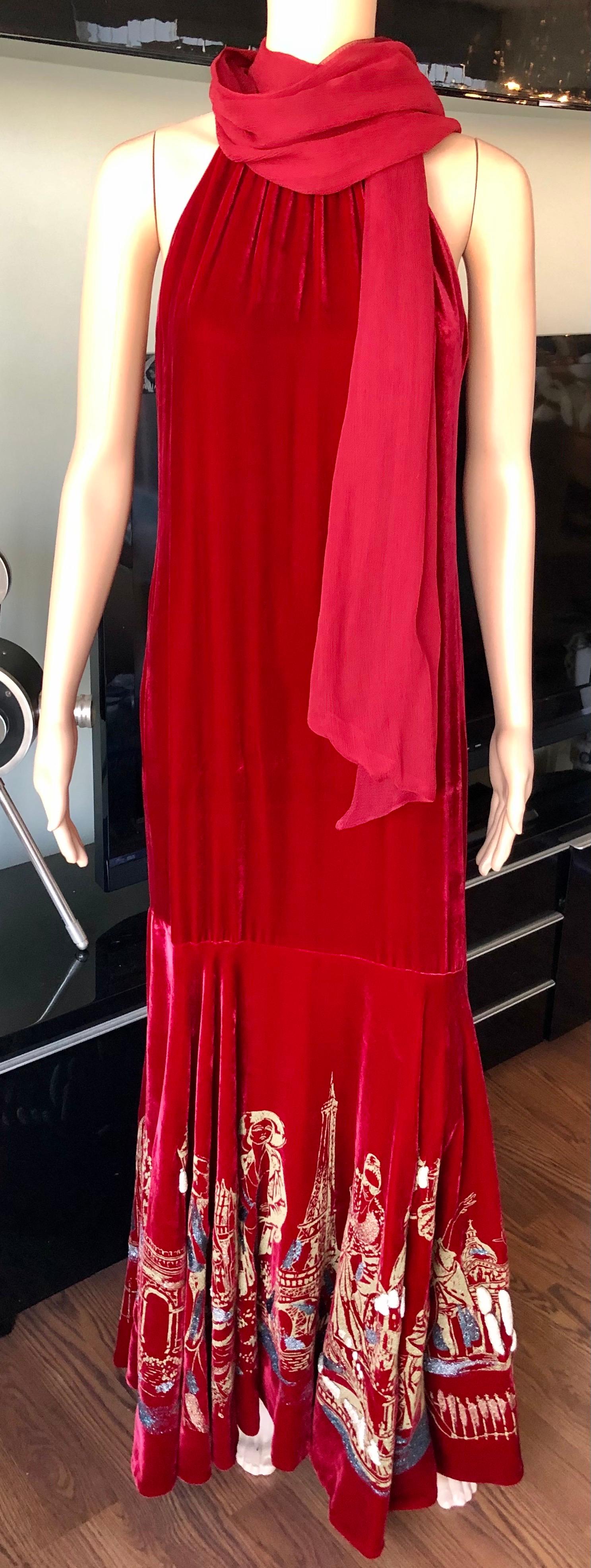 Jean Paul Gaultier Vintage Embellished Landmarks Velvet Maxi Evening Dress Gown In Excellent Condition In Naples, FL