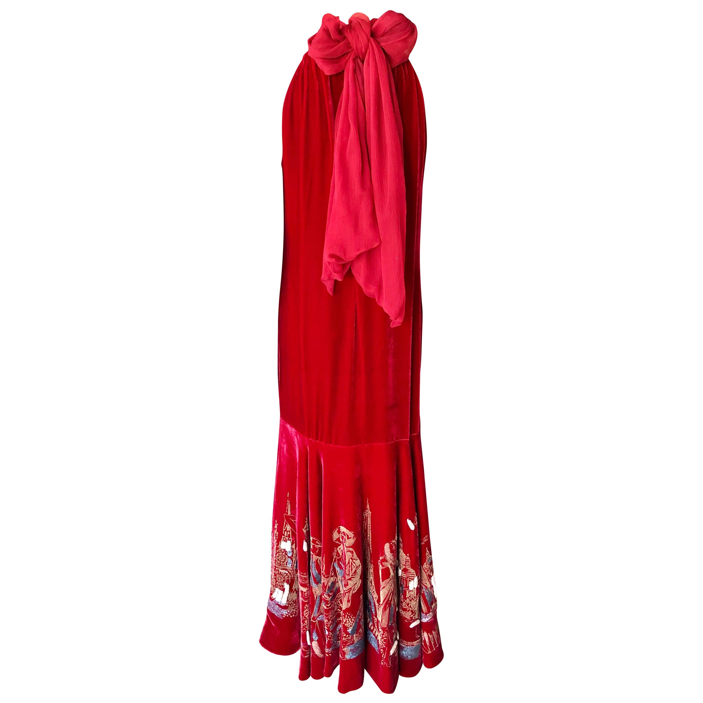 Jean Paul Gaultier Vintage Embellished Landmarks Velvet Maxi Evening Dress Gown