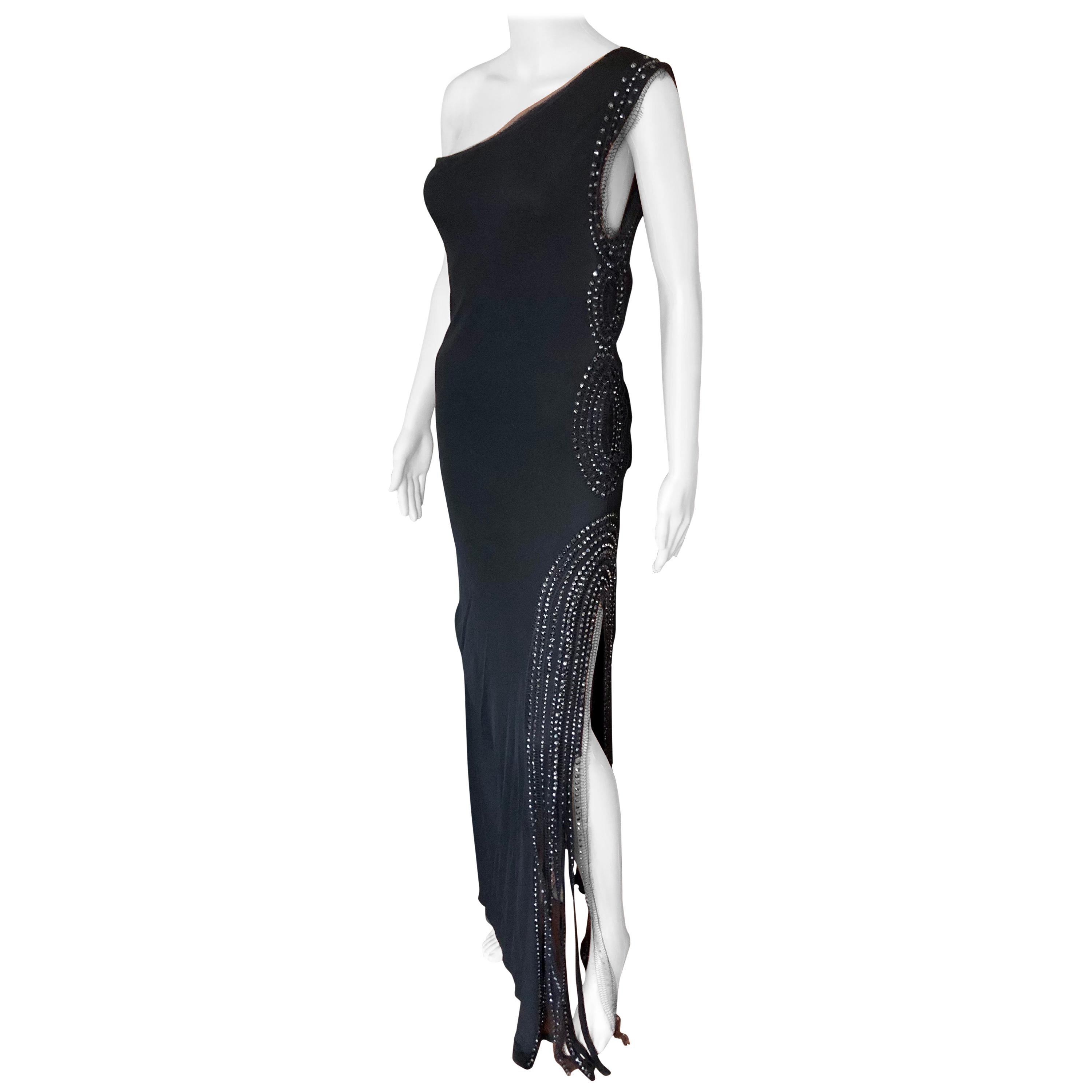 Jean Paul Gaultier Vintage Embellished One Shoulder Black Evening Dress Gown For Sale