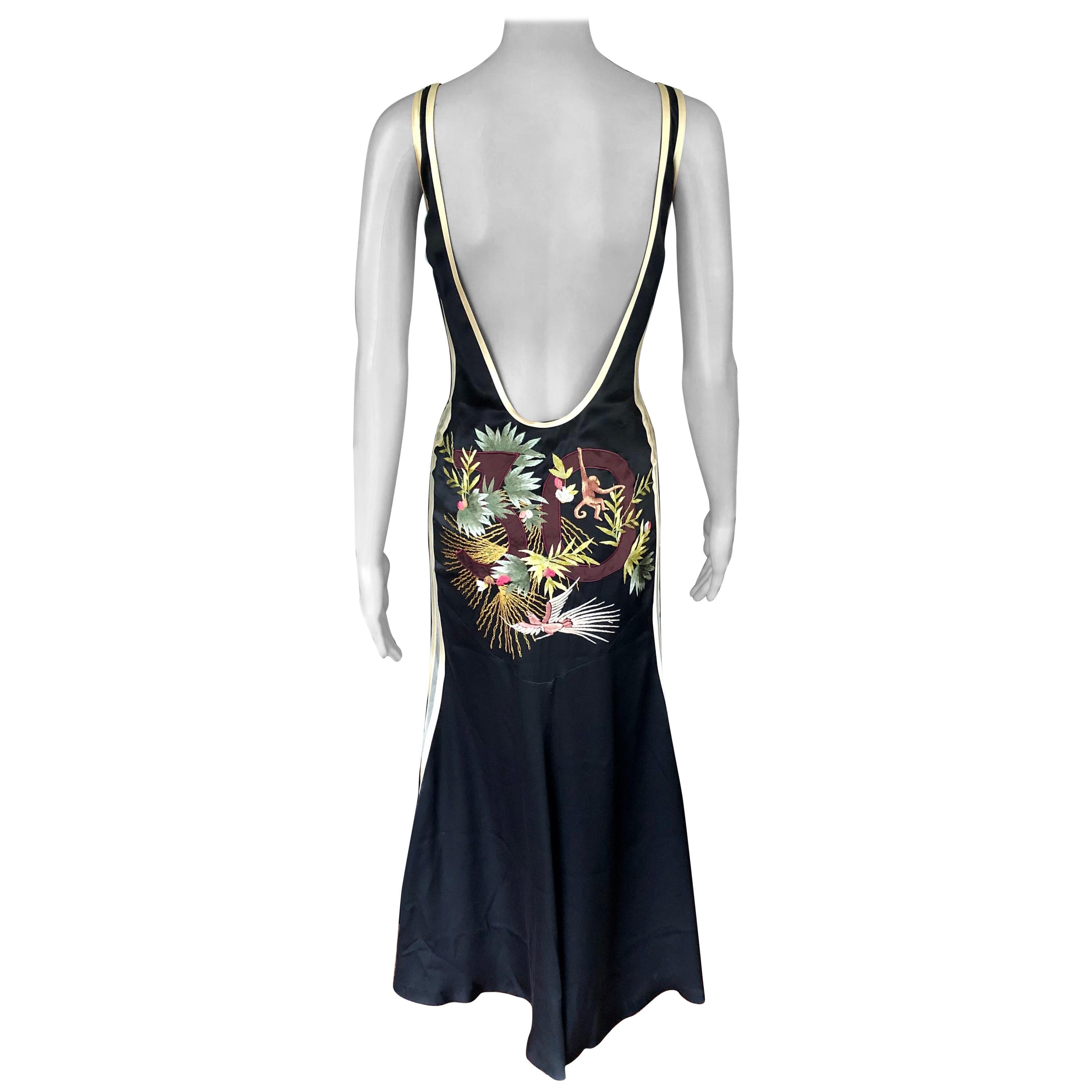 Jean Paul Gaultier Vintage Embroidered Sheer Open Back Silk Maxi Evening Dress