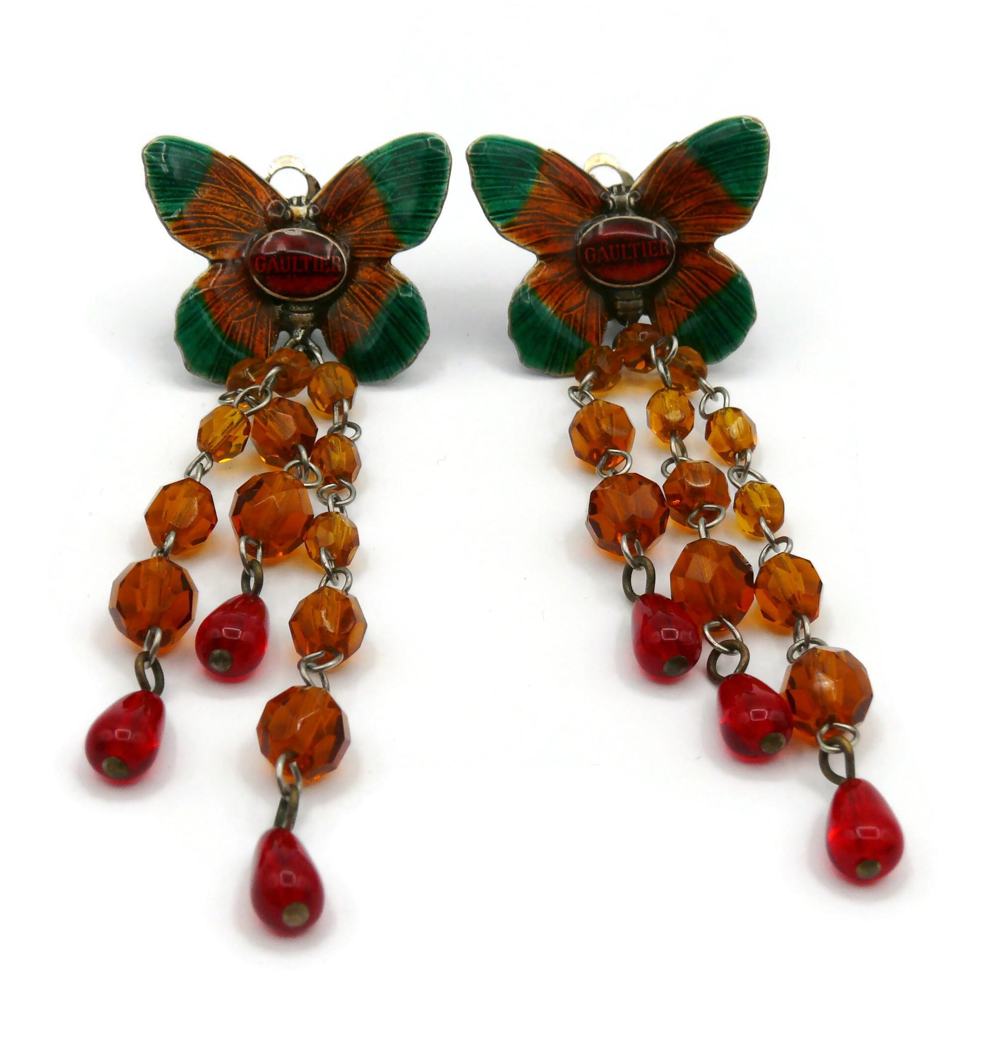 JEAN PAUL GAULTIER Vintage Enamel Butterfly Dangling Earrings In Good Condition For Sale In Nice, FR