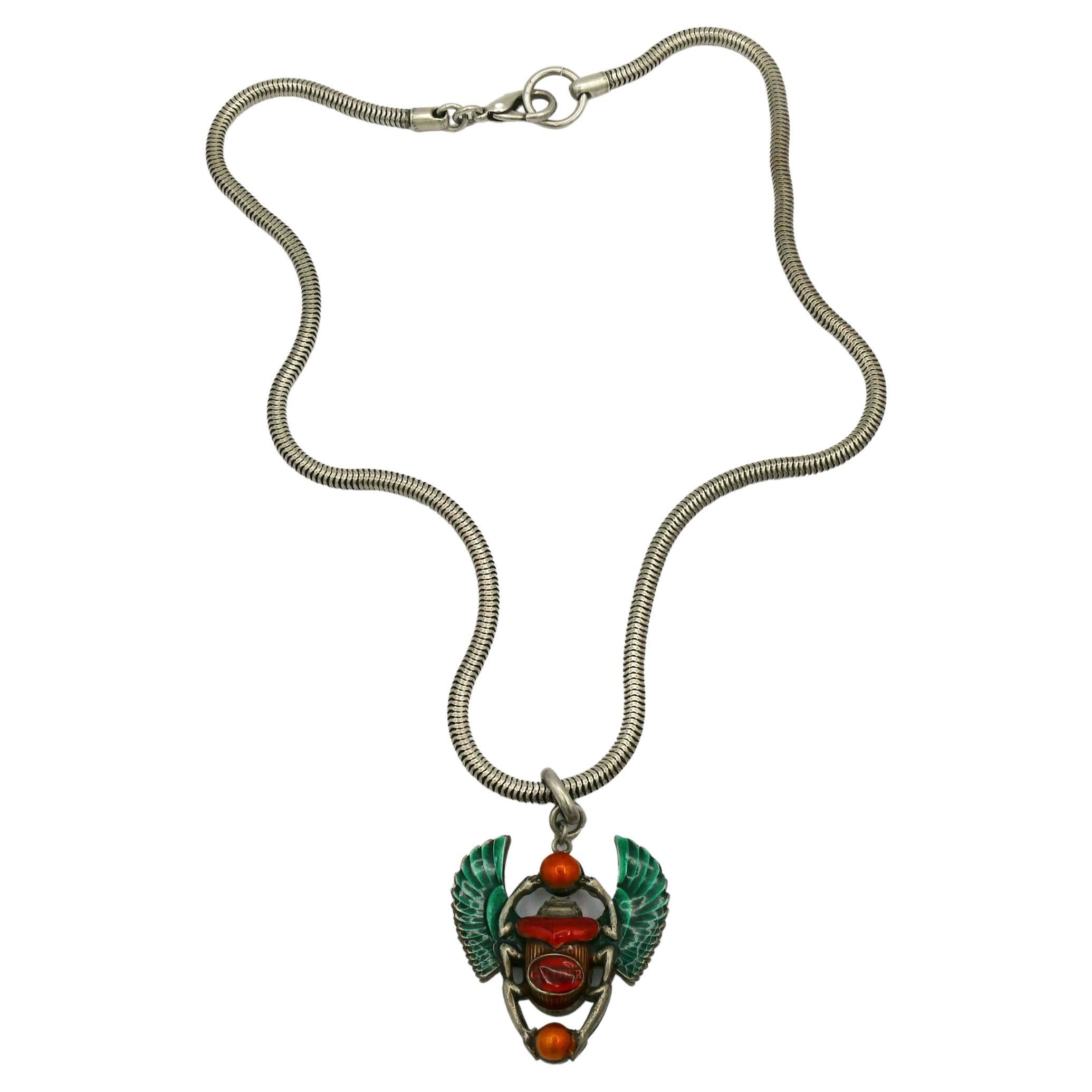 JEAN PAUL GAULTIER Vintage Enameled Egyptian Scarab Pendant Necklace