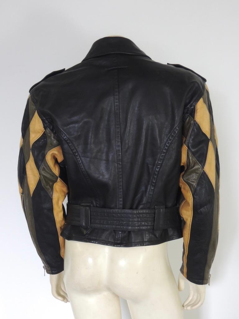 Jean Paul Gaultier Vintage Harlequin Sleeve Black Leather Biker Jacket In Good Condition In Oakland, CA