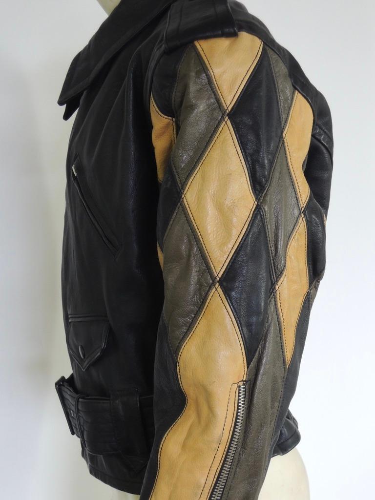 Jean Paul Gaultier Vintage Harlequin Sleeve Black Leather Biker Jacket 1