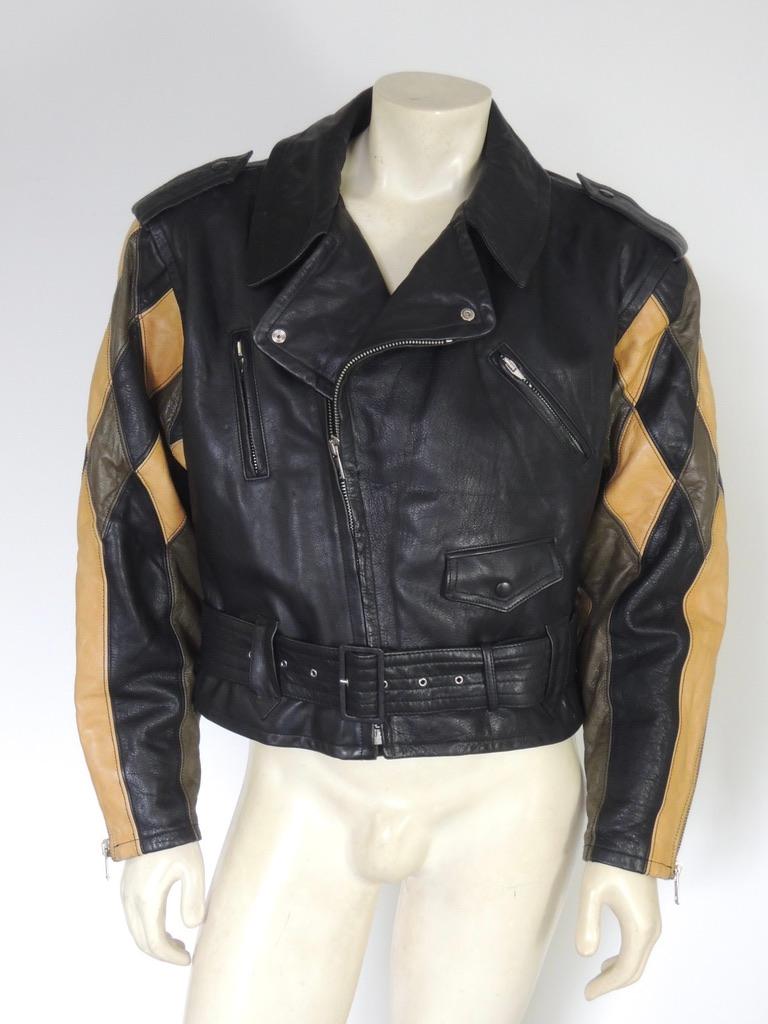 Jean Paul Gaultier Vintage Harlequin Sleeve Black Leather Biker Jacket 2