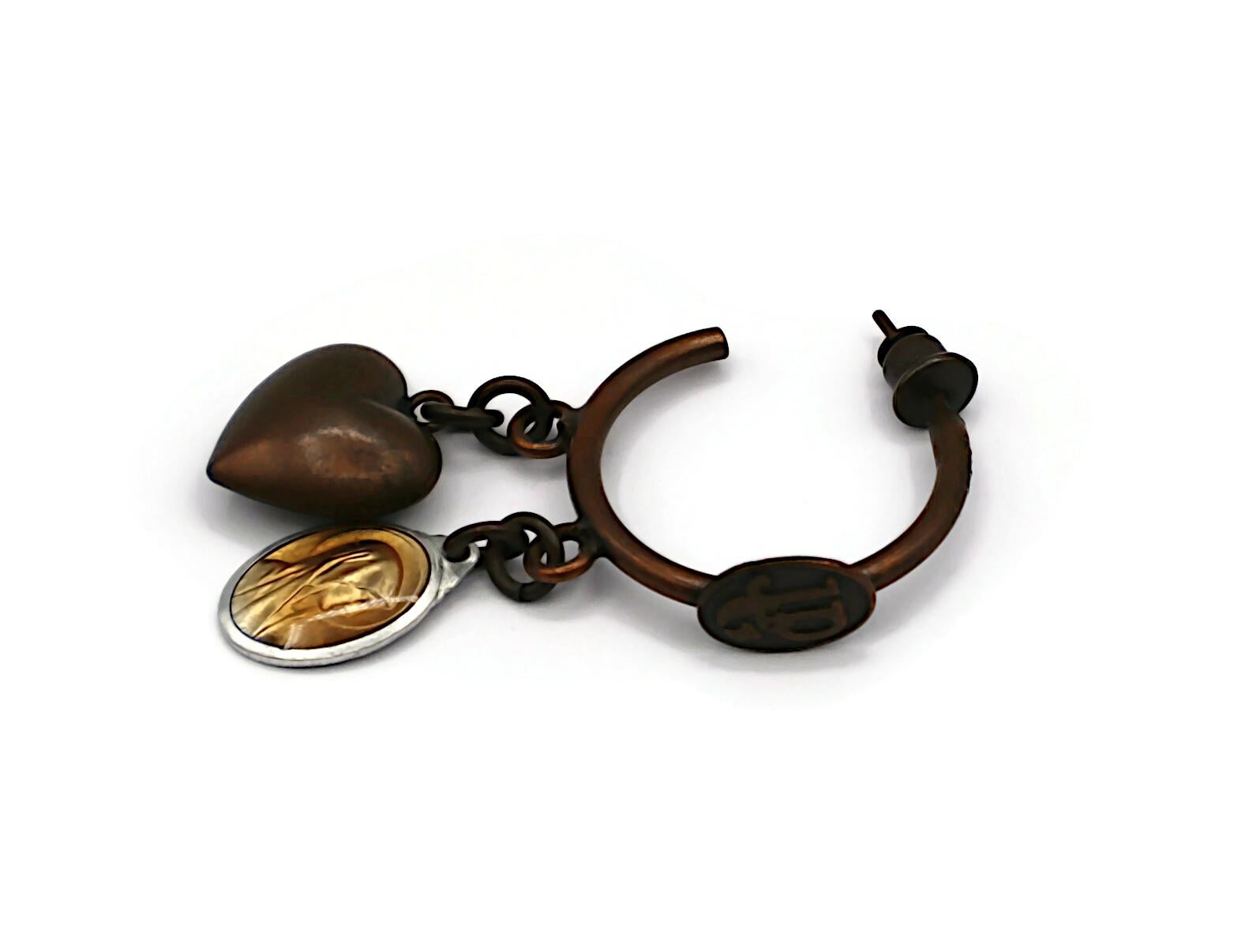 JEAN PAUL GAULTIER Vintage Heart & Virgin Mary Scapular Medal Hoop Earrings In Good Condition For Sale In Nice, FR