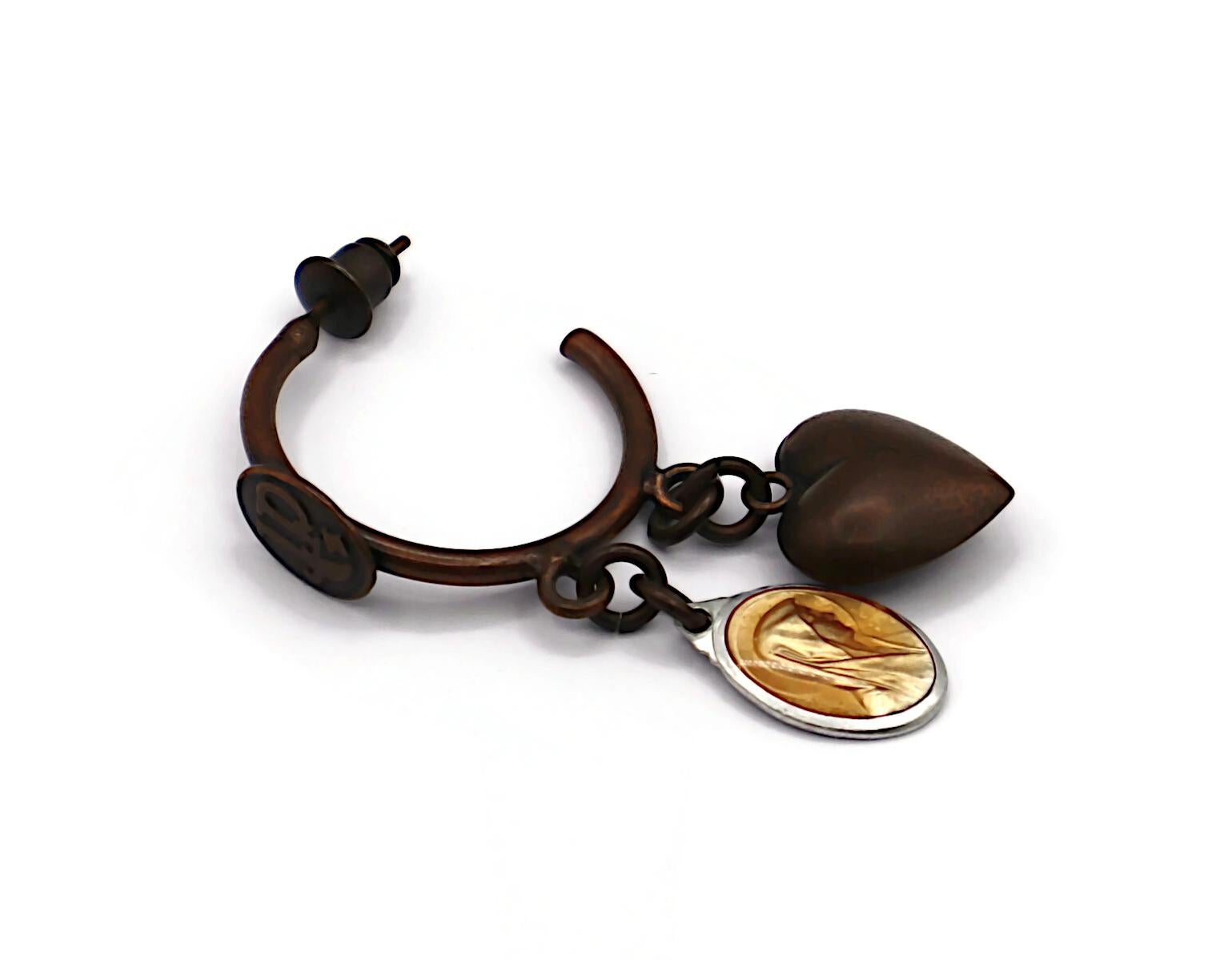 JEAN PAUL GAULTIER Vintage Heart & Virgin Mary Scapular Medal Hoop Earrings For Sale 1
