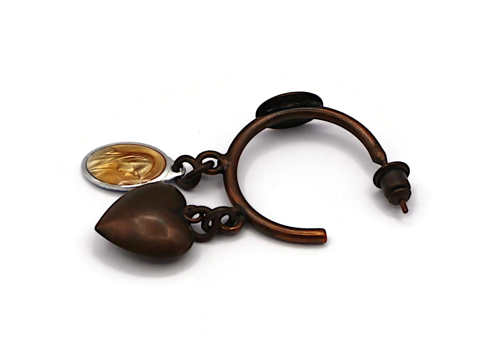 JEAN PAUL GAULTIER Vintage Heart & Virgin Mary Scapular Medal Hoop Earrings For Sale 2