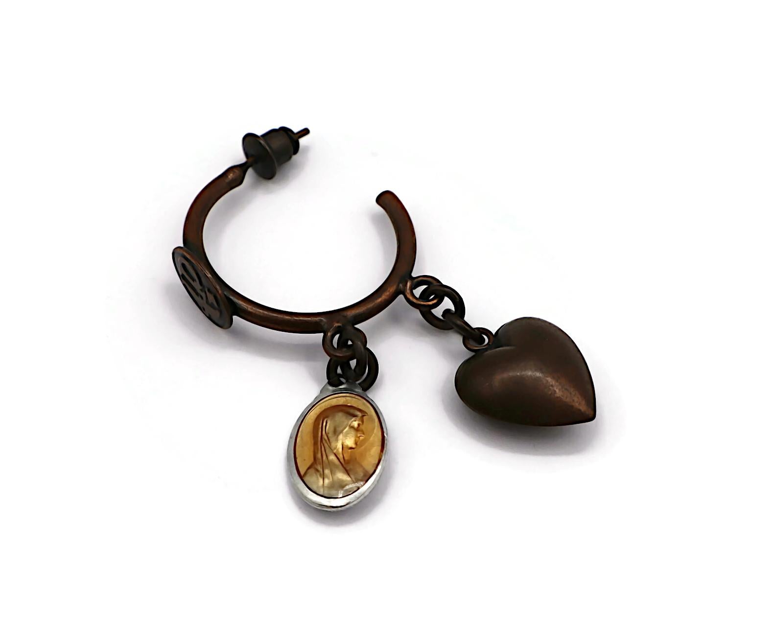 JEAN PAUL GAULTIER Vintage Heart & Virgin Mary Scapular Medal Hoop Earrings For Sale 3