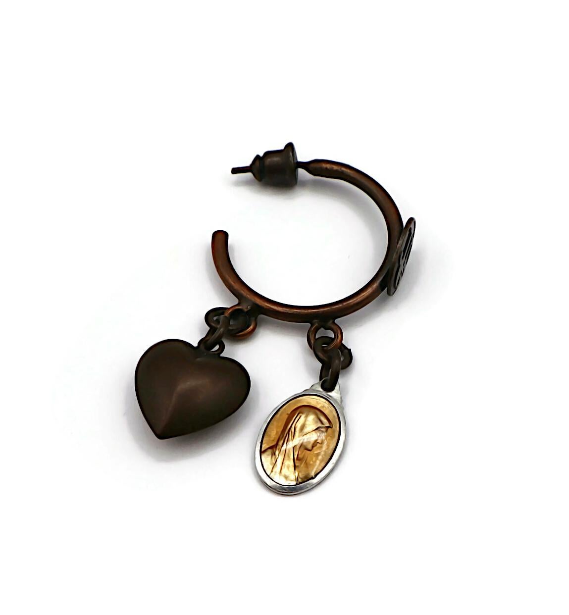 JEAN PAUL GAULTIER Vintage Heart & Virgin Mary Scapular Medal Hoop Earrings For Sale 4