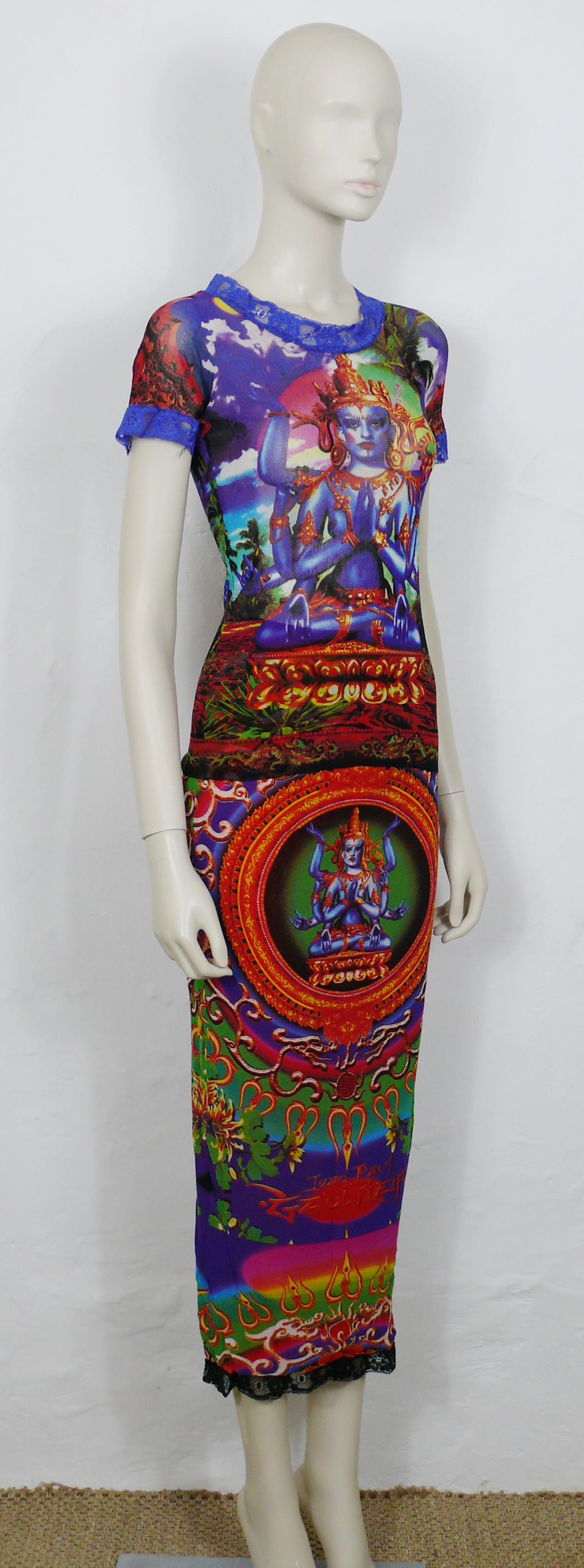 JEAN PAUL GAULTIER vintage FUZZI sheer mesh maxi skirt and top featuring an Hindu deity print in vibrant colors.

Label reads JEAN PAUL GAULTIER MAILLE CLASSIQUE Paris.
Made in Italy.

TOP features :
- FUZZI sheer mesh featuring an Hindy deity print