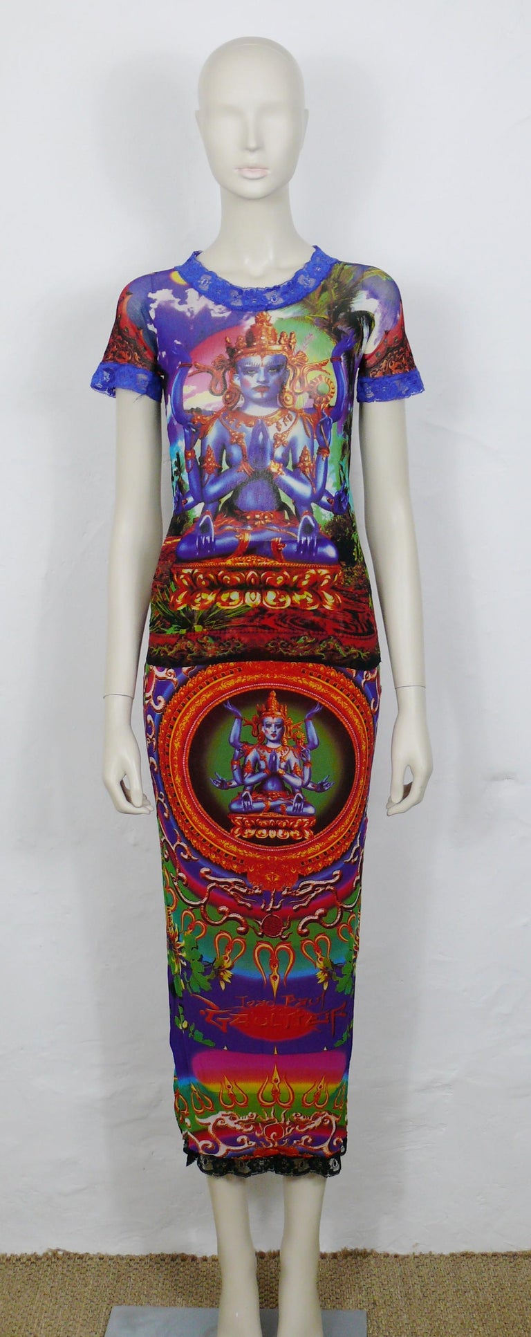 Jean Paul Gaultier Vintage Hindu Deity Sheer Mesh Skirt and Top