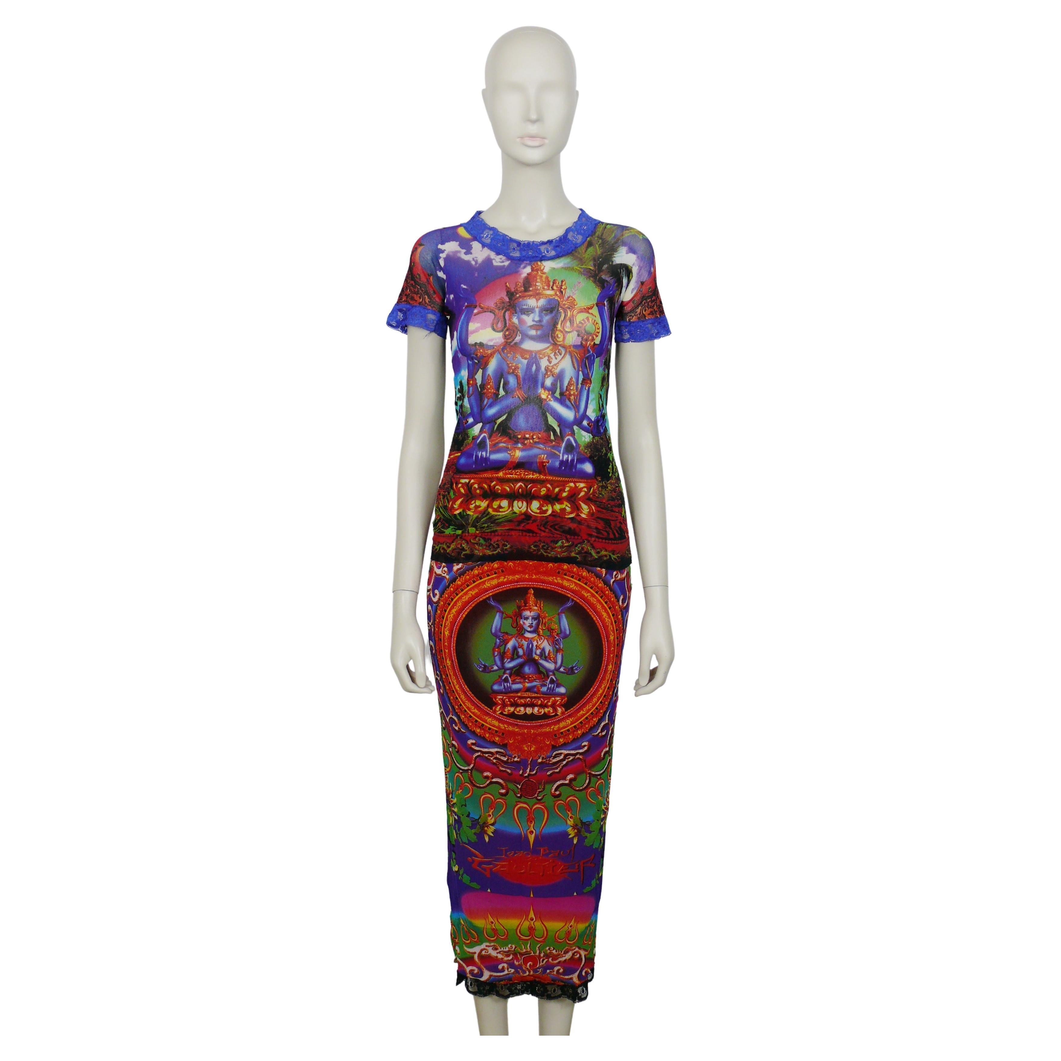 Jean Paul Gaultier Vintage Hindu Deity Sheer Mesh Skirt and Top Ensemble For Sale