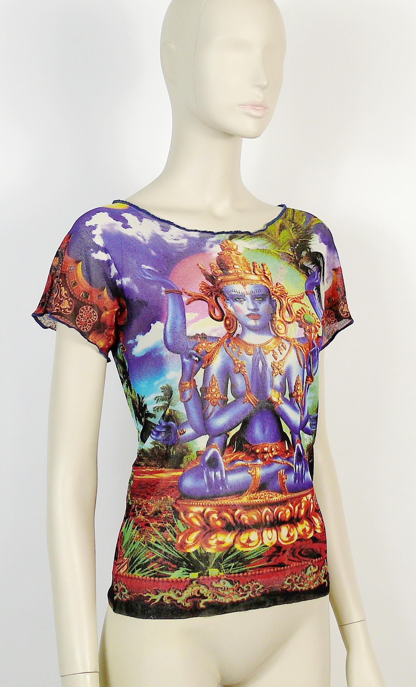 JEAN PAUL GAULTIER vintage short sleeve sheer mesh top featuring an Hindu deity print in vibrant colors.

Label reads JEAN PAUL GAULTIER MAILLE.
Made in Italy.

Size label reads : S.
Please check measurements.

Composition tag reads : 100%