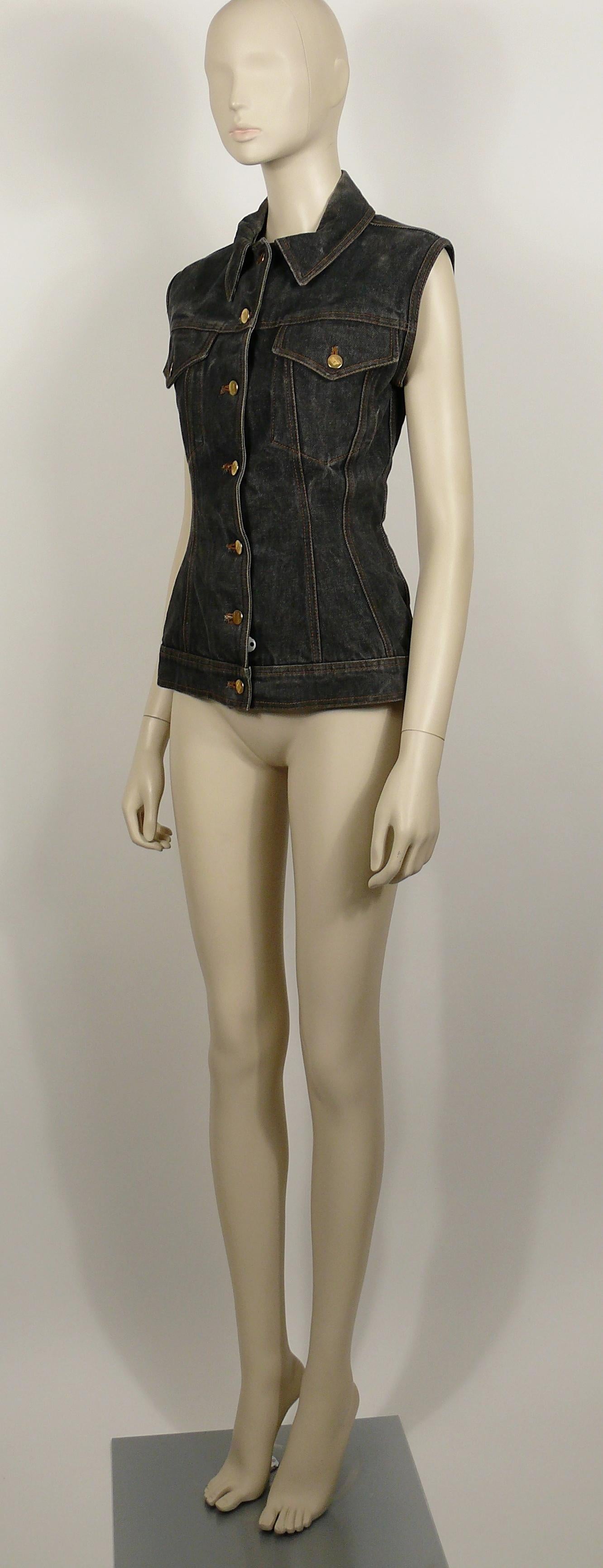 Jean Paul Gaultier Vintage Iconic Distressed Black Denim Corset Style Jacket In Good Condition In Nice, FR