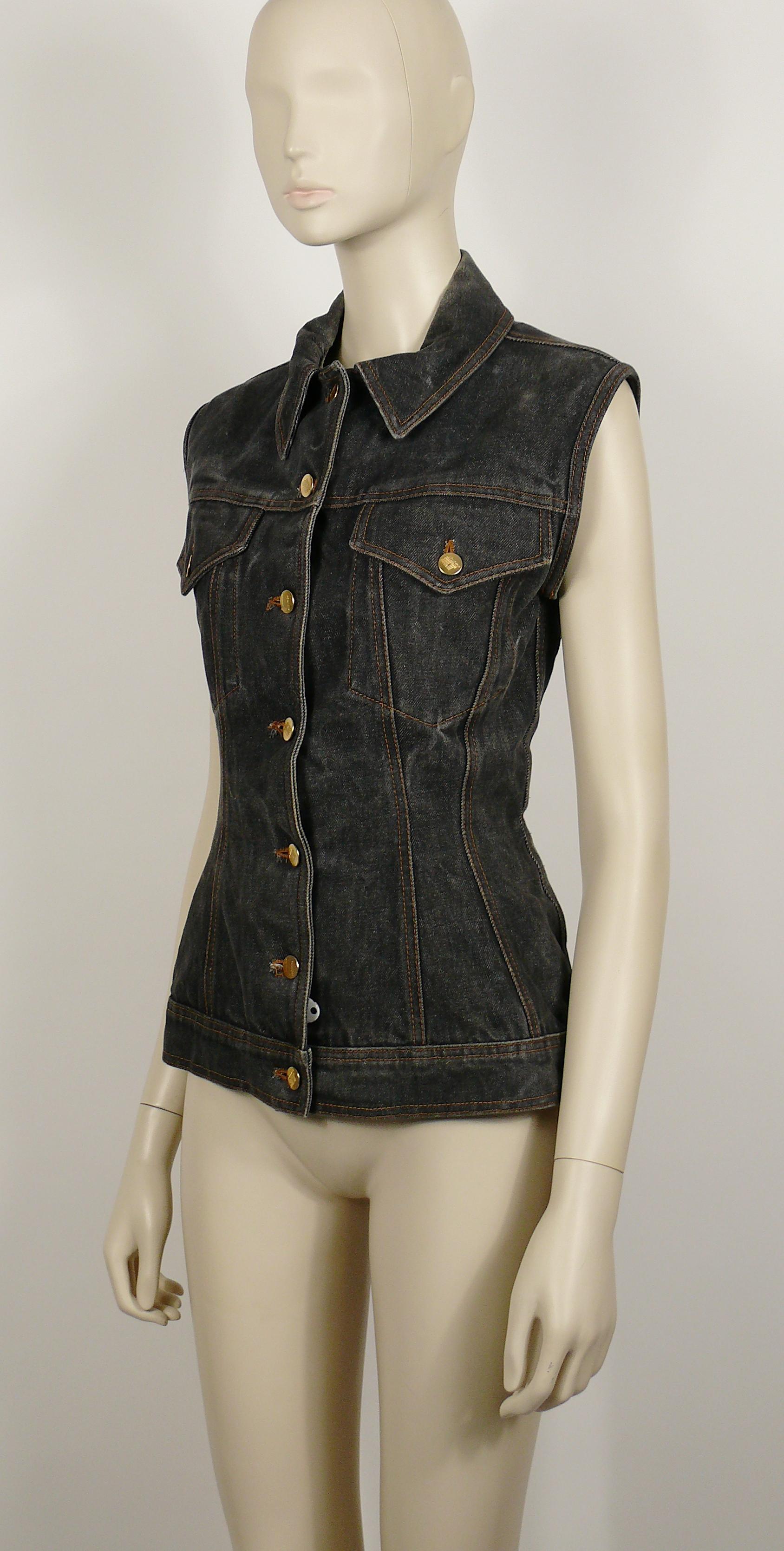 Women's or Men's Jean Paul Gaultier Vintage Iconic Distressed Black Denim Corset Style Jacket