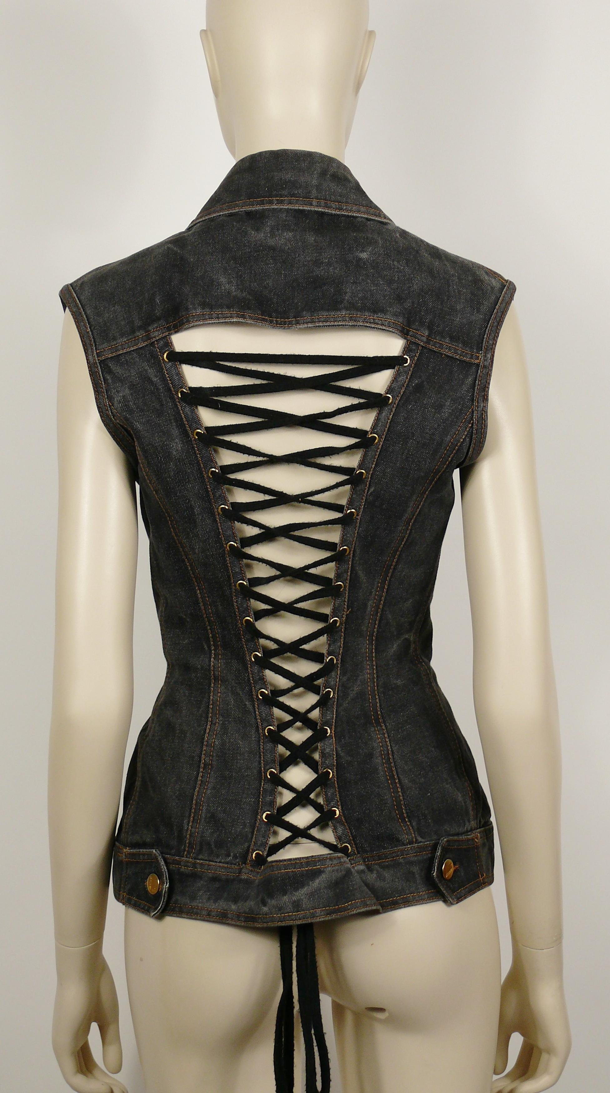 Jean Paul Gaultier Vintage Iconic Distressed Black Denim Corset Style Jacket 2