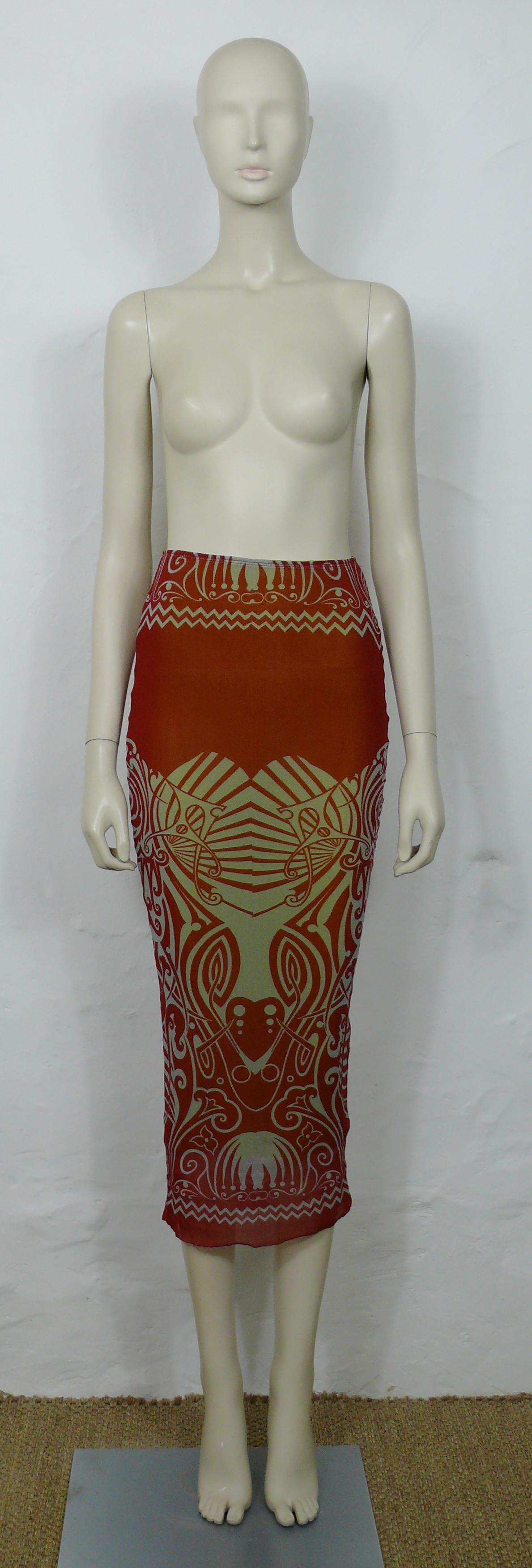 Brown Jean Paul Gaultier Vintage Iconic Tribal Tattoo Print Mesh Skirt Size S For Sale