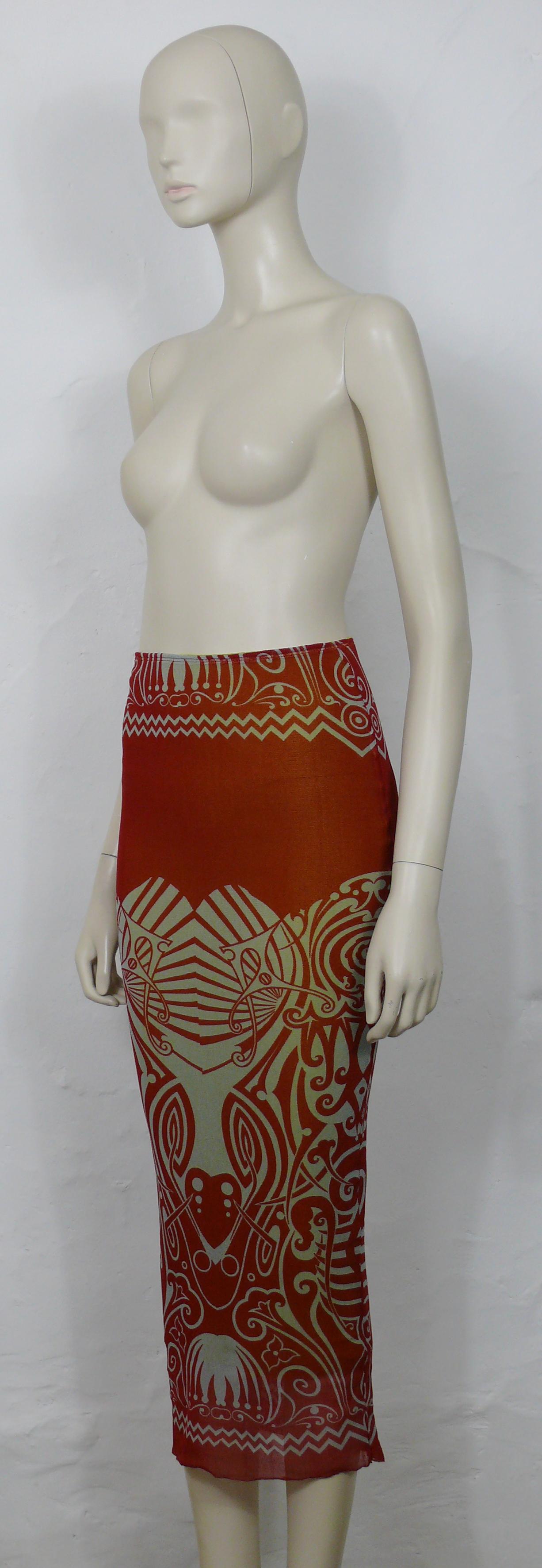 Jean Paul Gaultier Vintage Iconic Tribal Tattoo Print Mesh Skirt Size S In Good Condition For Sale In Nice, FR