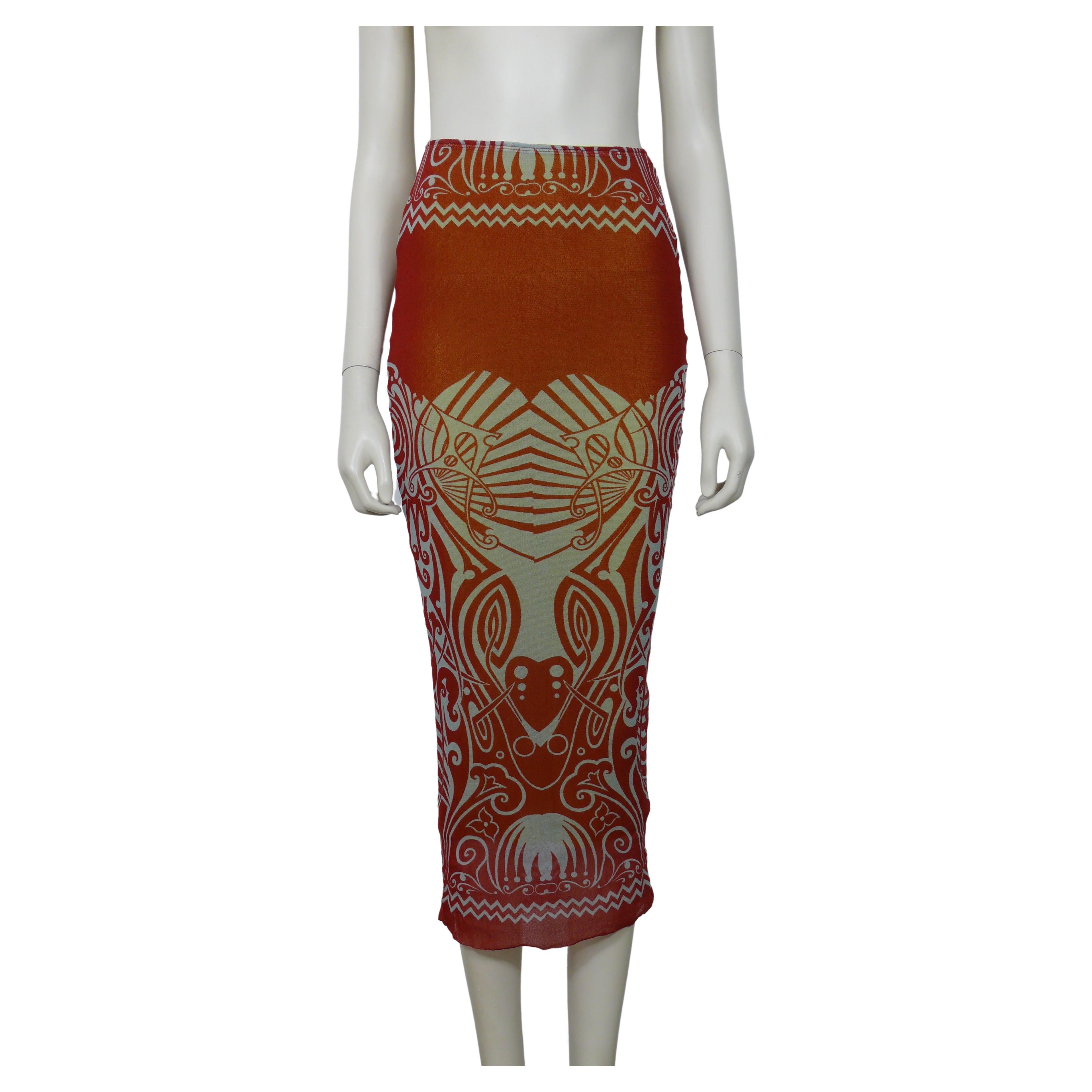 Jean Paul Gaultier Vintage Iconic Tribal Tattoo Print Mesh Skirt Size S For Sale