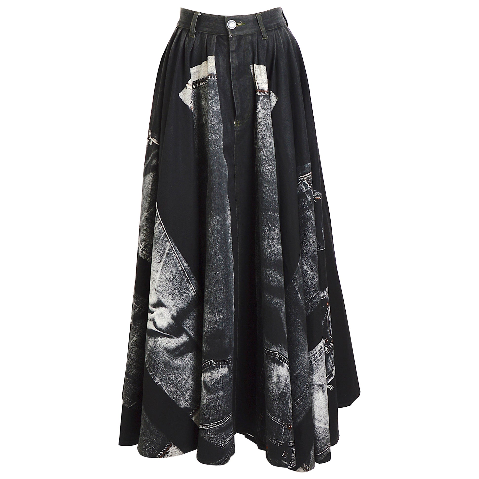 Jean Paul Gaultier vintage iconique "trompe l
oeil" full circle denim maxi skirt