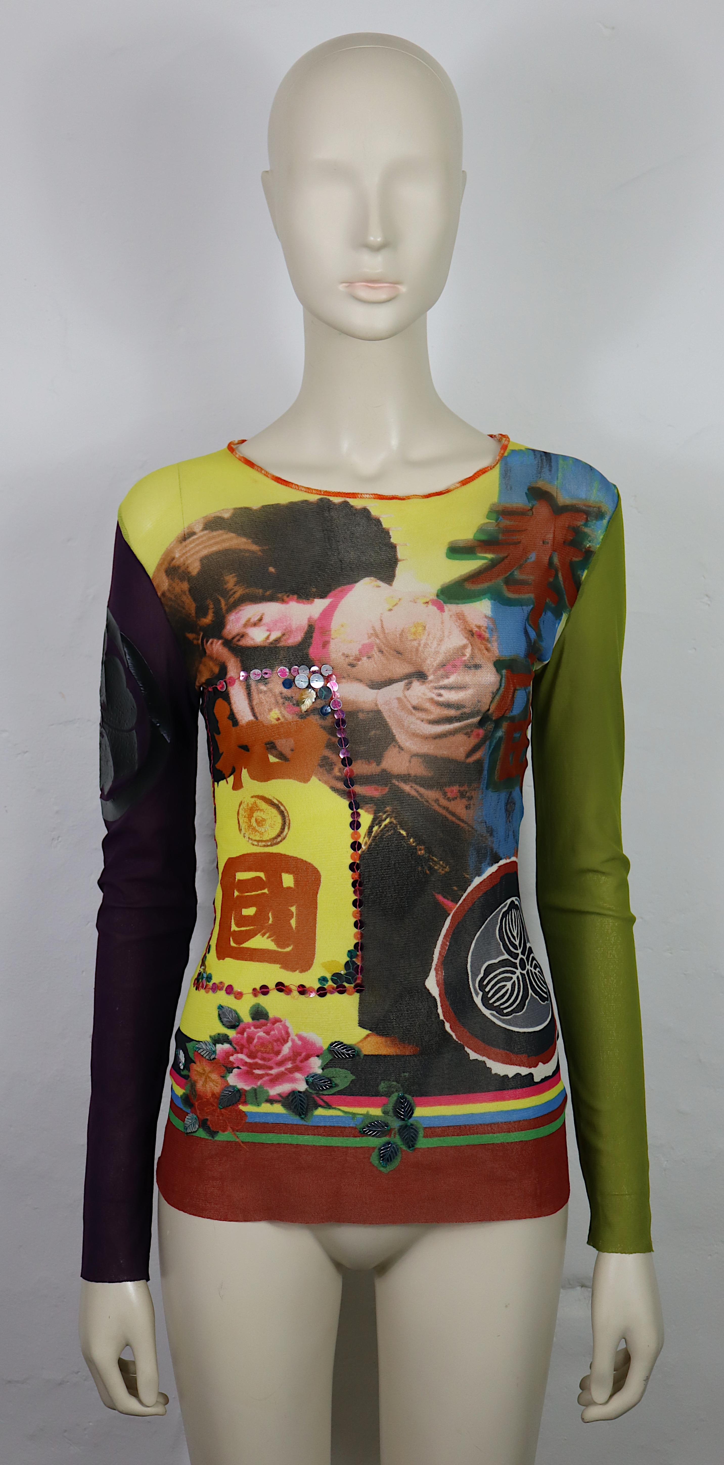 Brown JEAN PAUL GAULTIER Vintage Japanese Print Mesh Top Size S For Sale