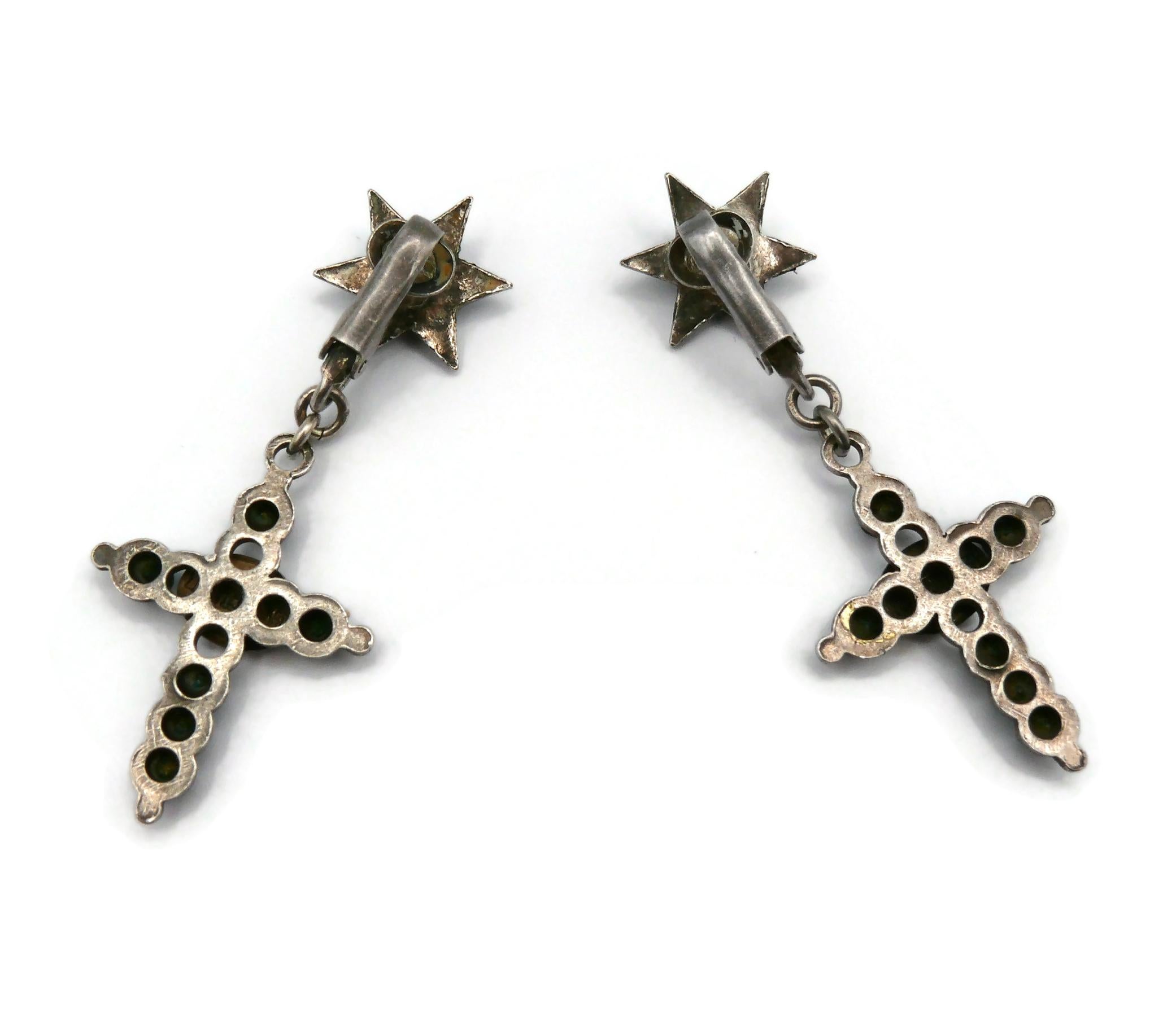 JEAN PAUL GAULTIER Vintage Jewelled Cross Dangling Earrings In Good Condition In Nice, FR